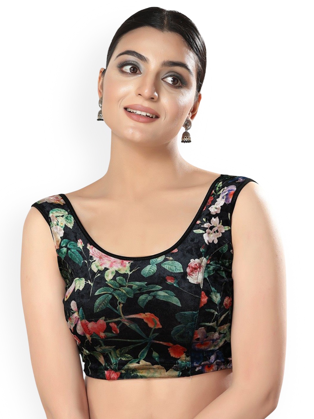 

Mmore Printed Stretchable Saree Blouse, Black