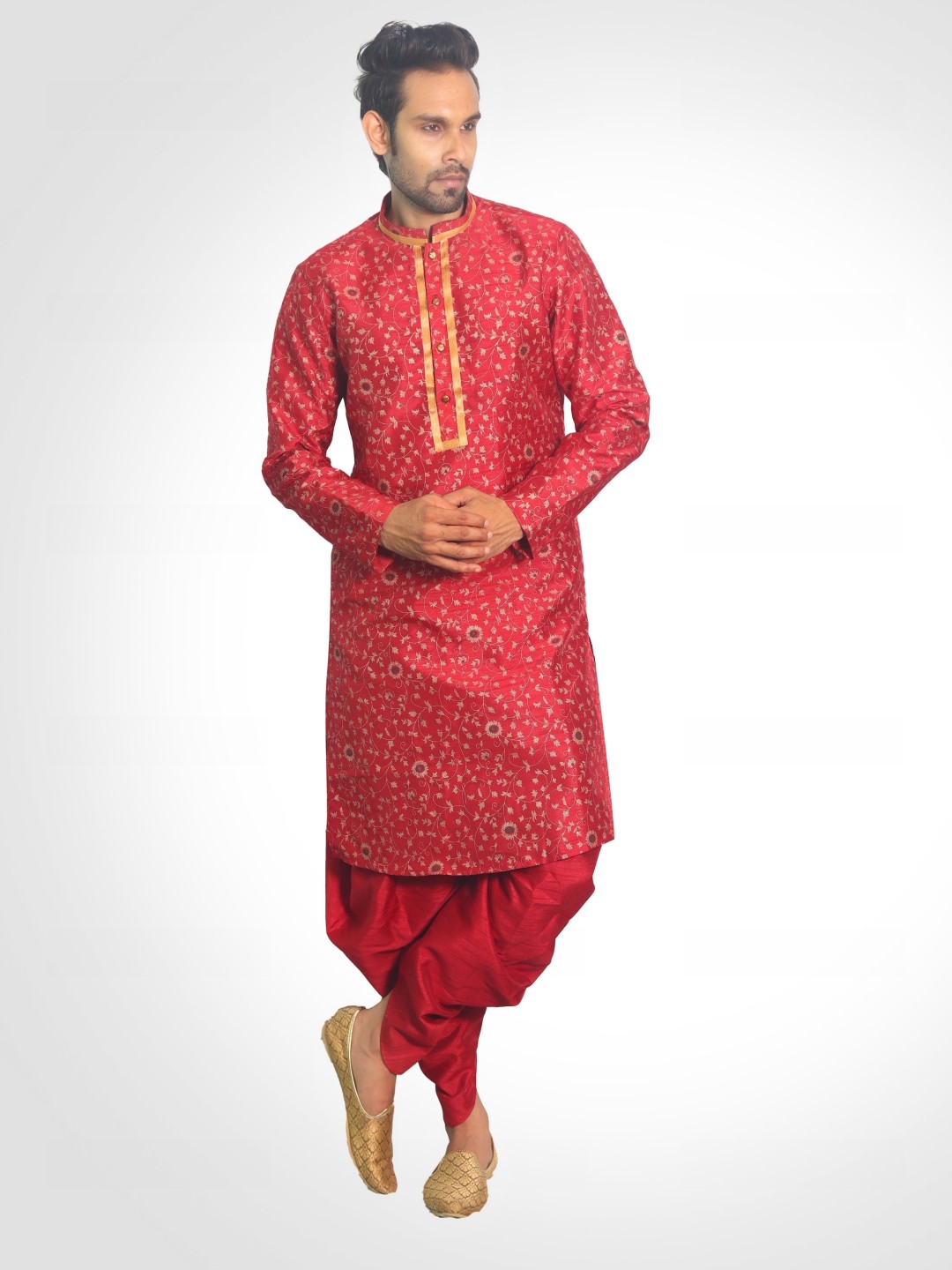 

House of Aqss Floral Printed Mandarin Collar Dupion Silk Straight Kurta With Dhoti Pants, Red
