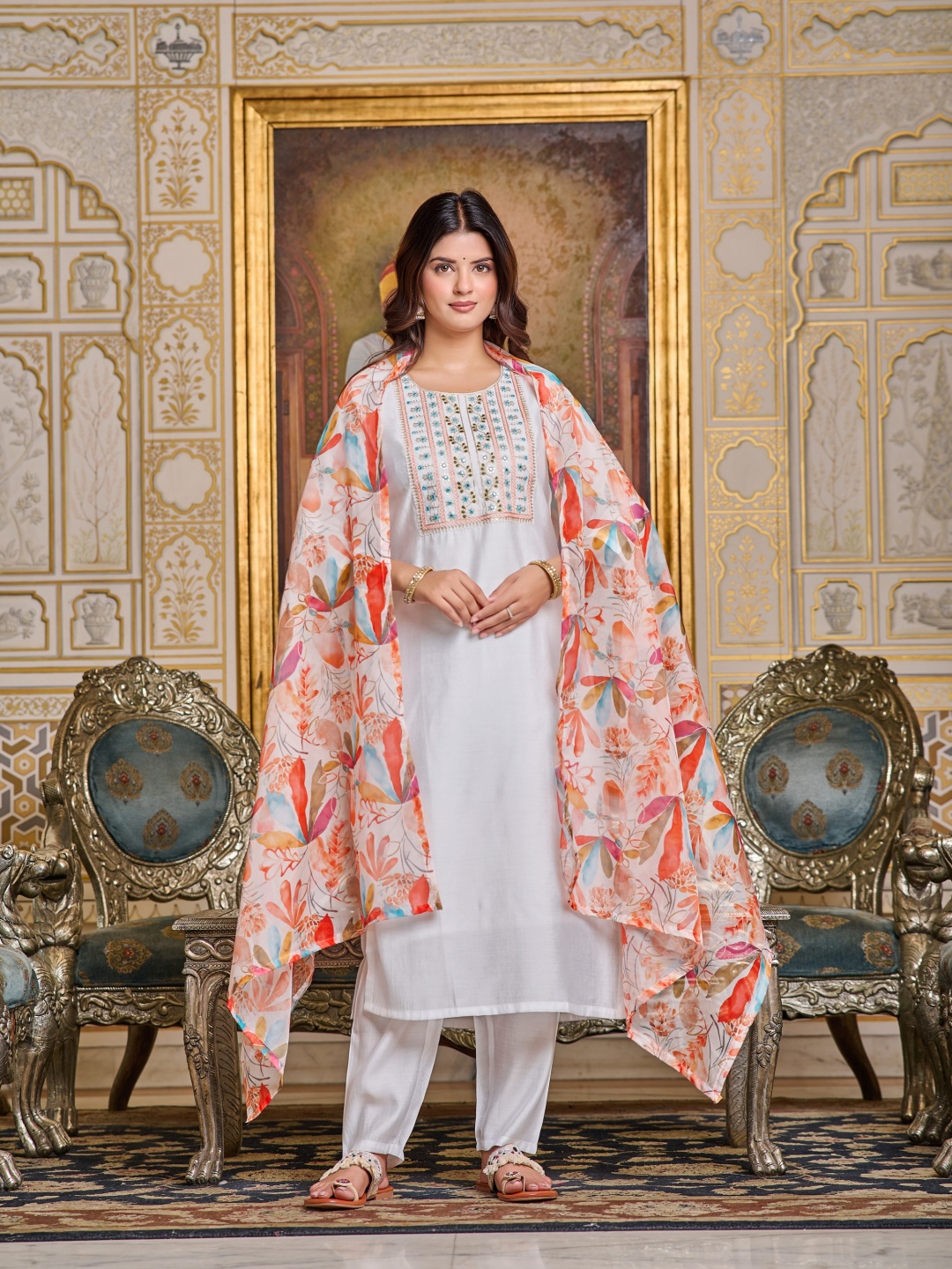 

RV CREATION Floral Yoke Design Chanderi Silk Straight Kurta With Trouser And Dupatta, White