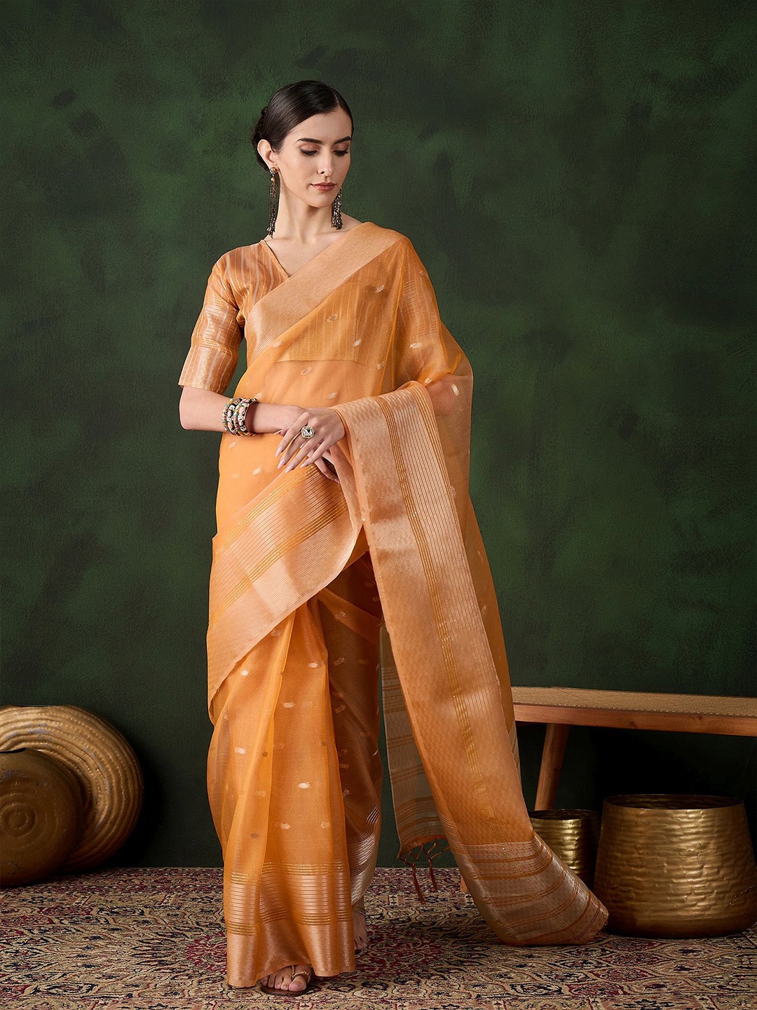 

HERE&NOW Woven Design Zari Organza Chanderi Saree, Brown