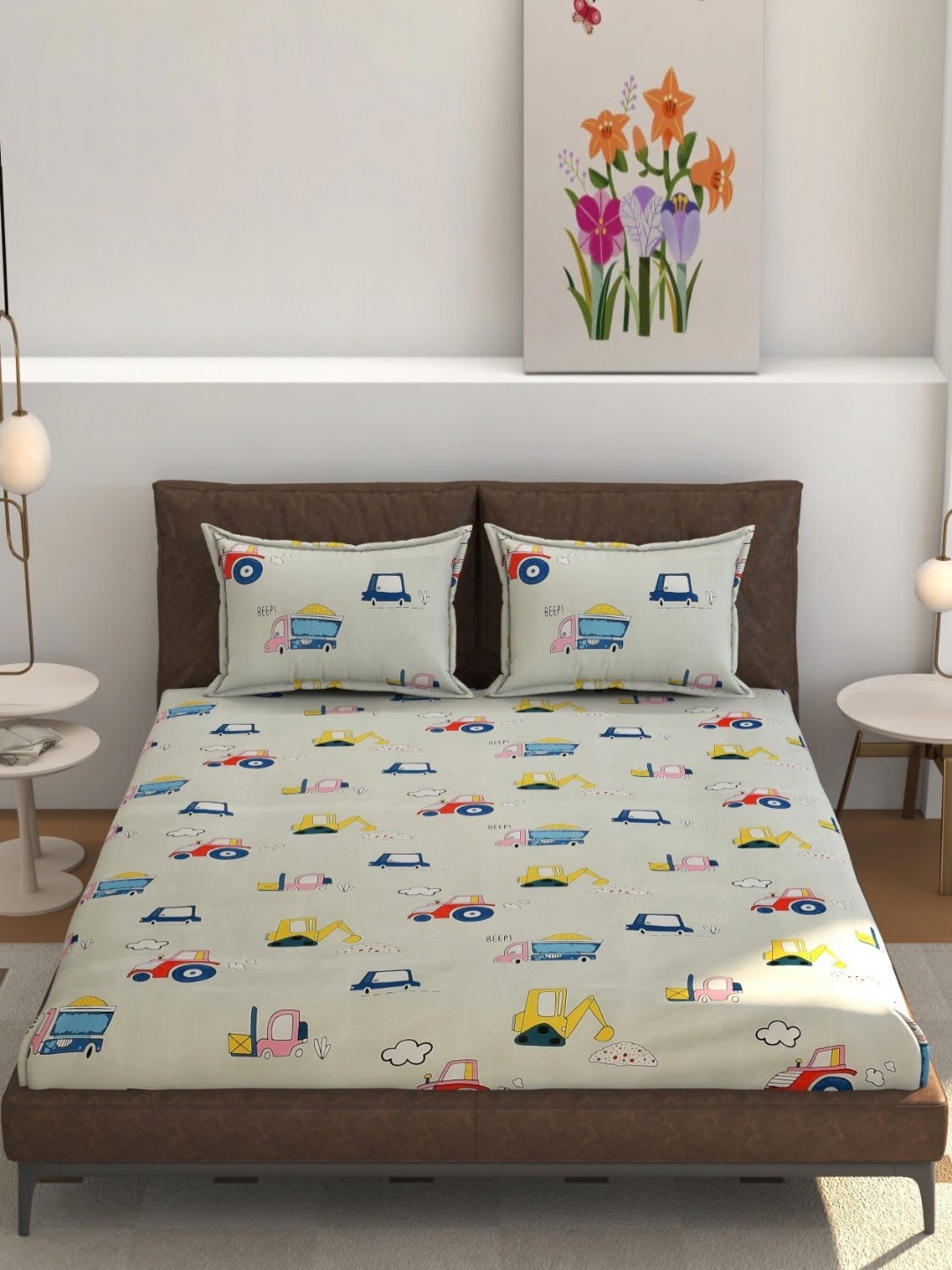 

RIDHAAN Off White & Blue Cartoon Characters Cotton 220 TC Queen Bedsheet Set 1.82m x 1.92m