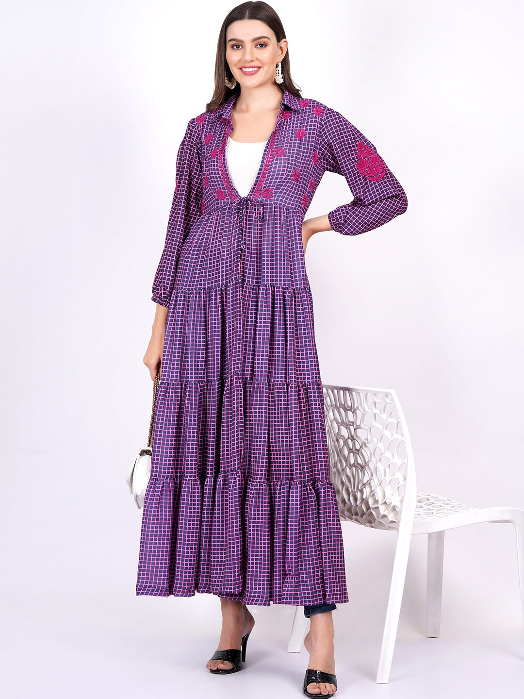 

SUFIZA LIFESTYLE Women Checked Longline Tie-Up Shrug, Purple