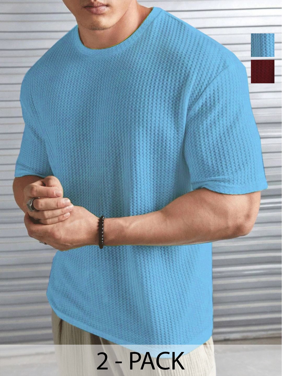 

HUSHBUCKS Men Pack Of 2 Self Design Round Neck T-shirts, Maroon