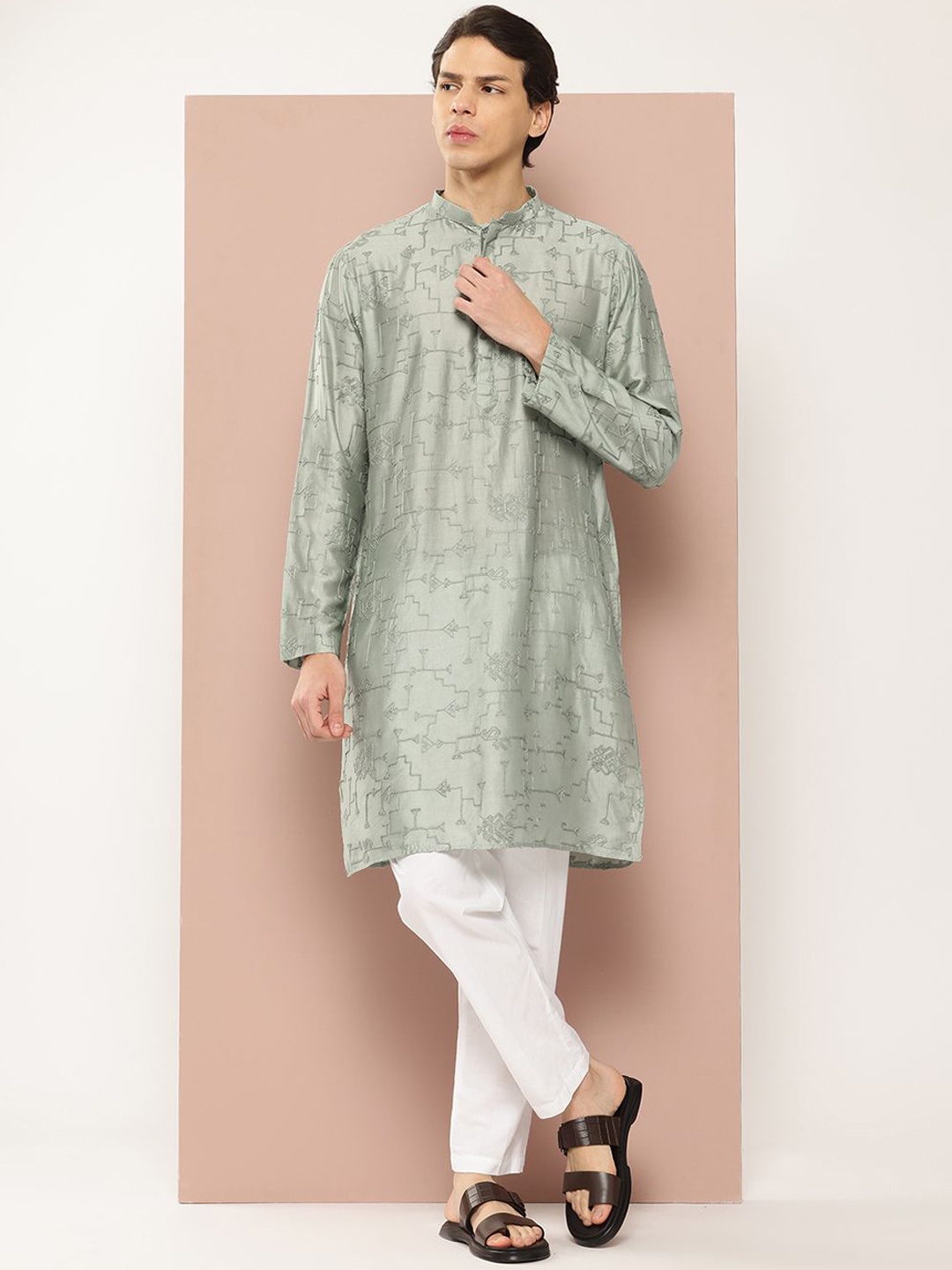 

See Designs Woven Design Mandarin Collar Straight Kurta, Sea green