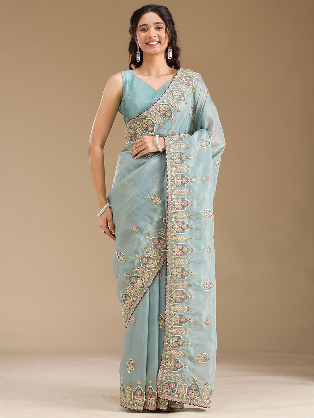 

Koskii Grey Pearlwork Tissue Saree