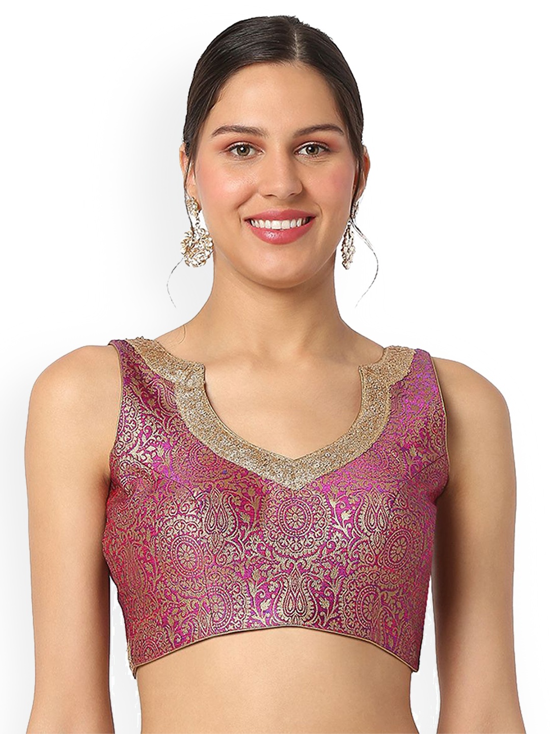 

Mmore Brocade Embroidered Padded Sleeveless Saree Blouse, Pink