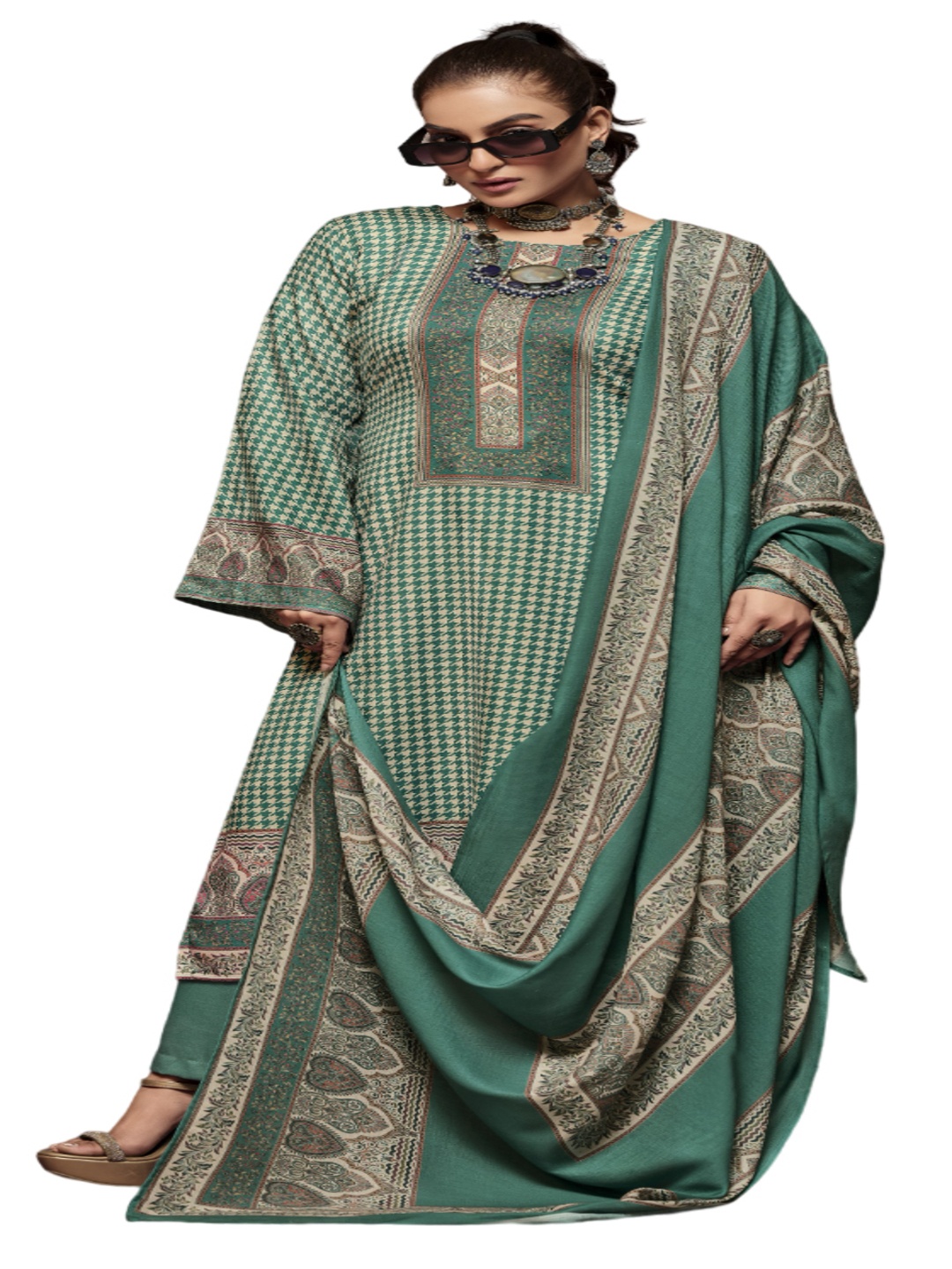

DRAVINAM Trends Ethnic Motifs Pashmina Printed Unstitched Dress Material, Green
