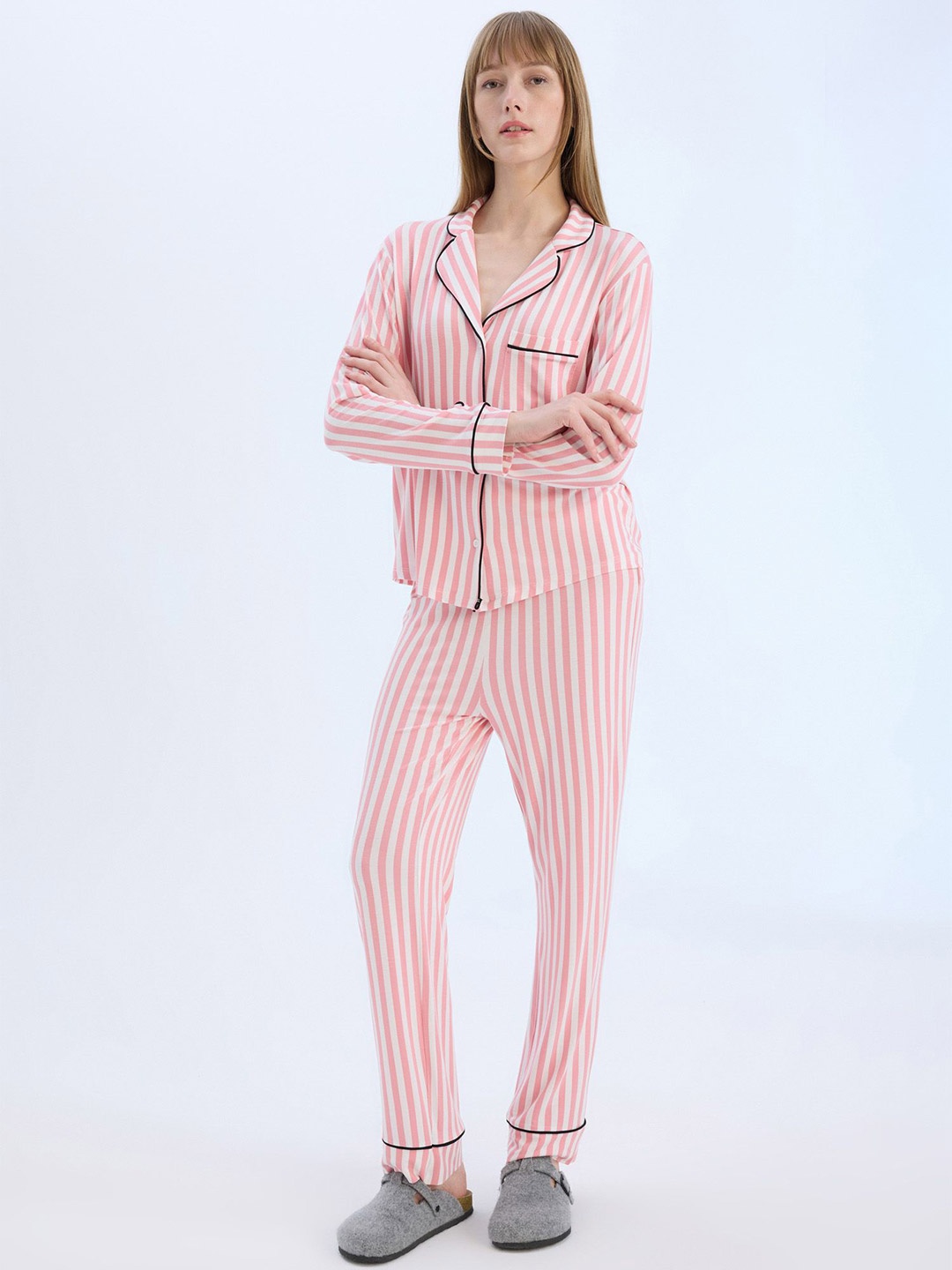 

DeFacto Striped Lapel Neck Shirt With Trousers Night Suit, Pink