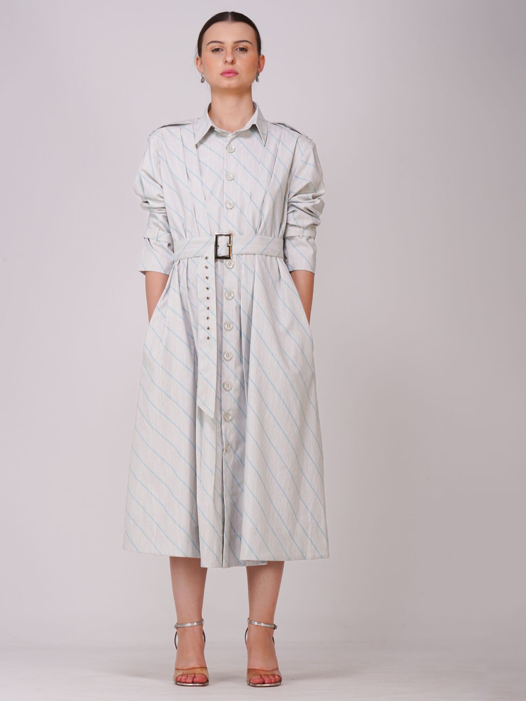 

KLAS NOBL Striped Shirt Midi Dress, Grey