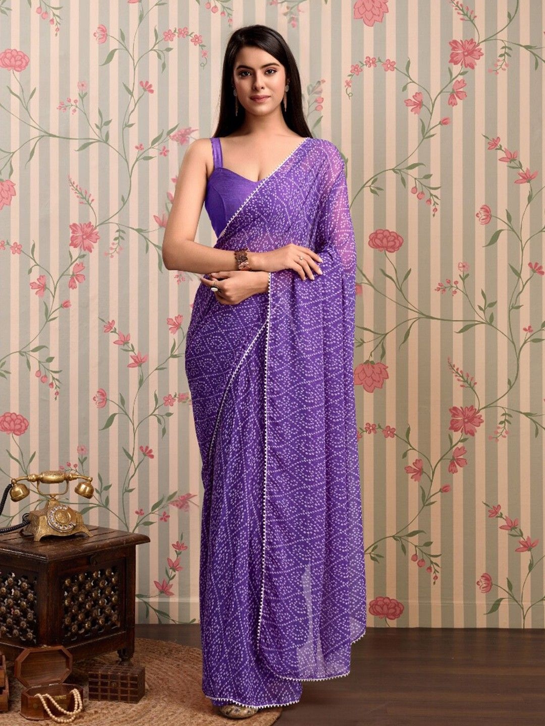 

Moda Rapido Bandhani Gotta Patti Pure Georgette Ready to Wear Bandhani Saree, Violet