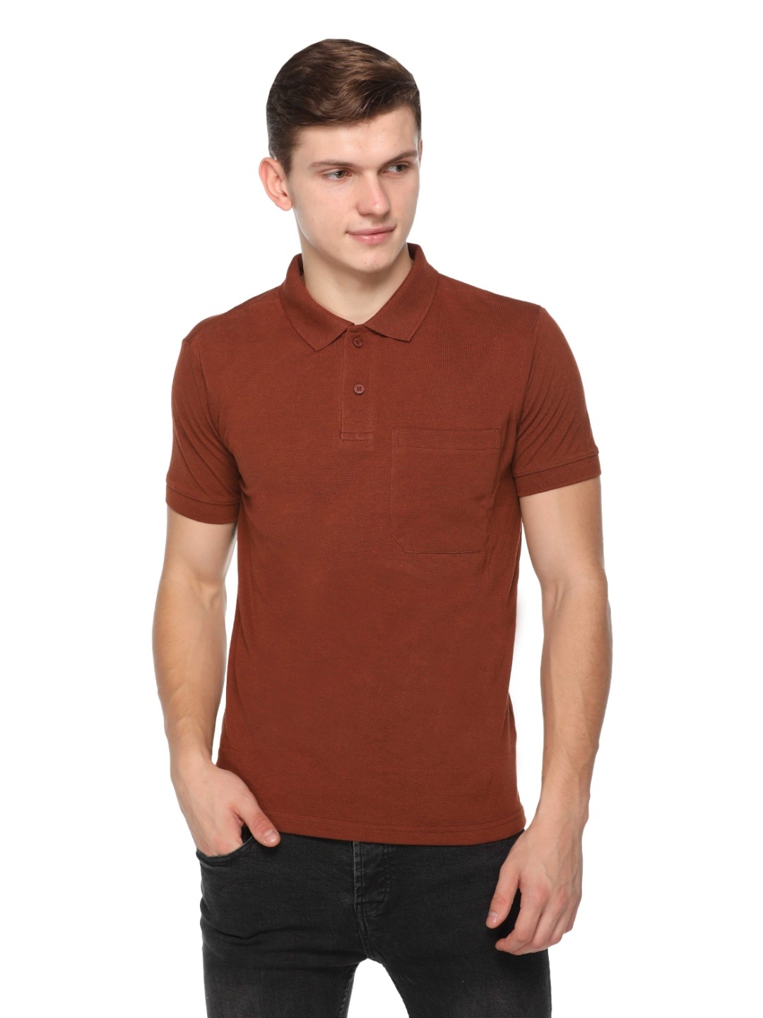 

Colors and Blends Men Solid Polo Collar Cotton T-shirt, Rust