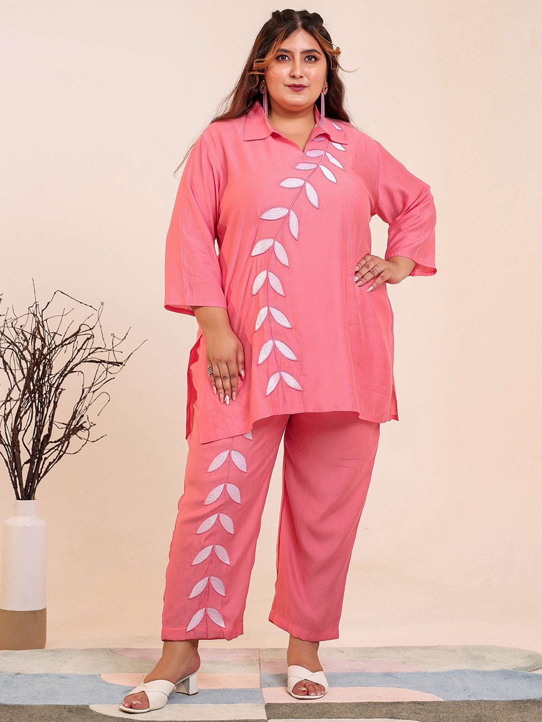 

LALI JAIPUR Plus Size Embroidered Shirt Collar Tunic & Trouser, Pink