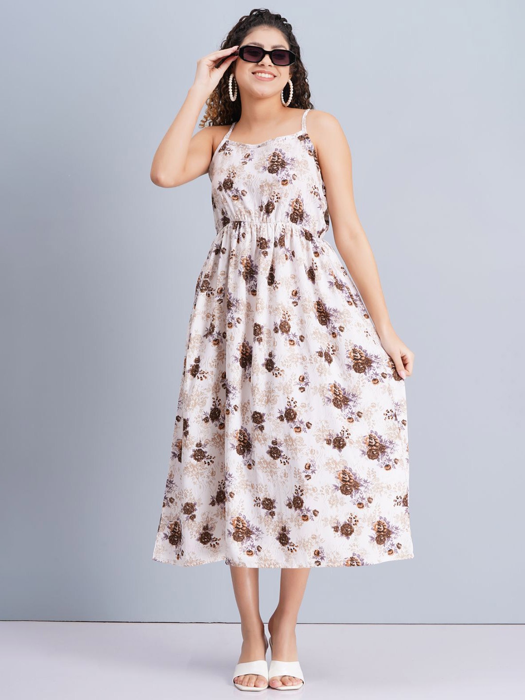 

CROWN CREATION Floral Print Crepe Fit & Flare Midi Dress, White