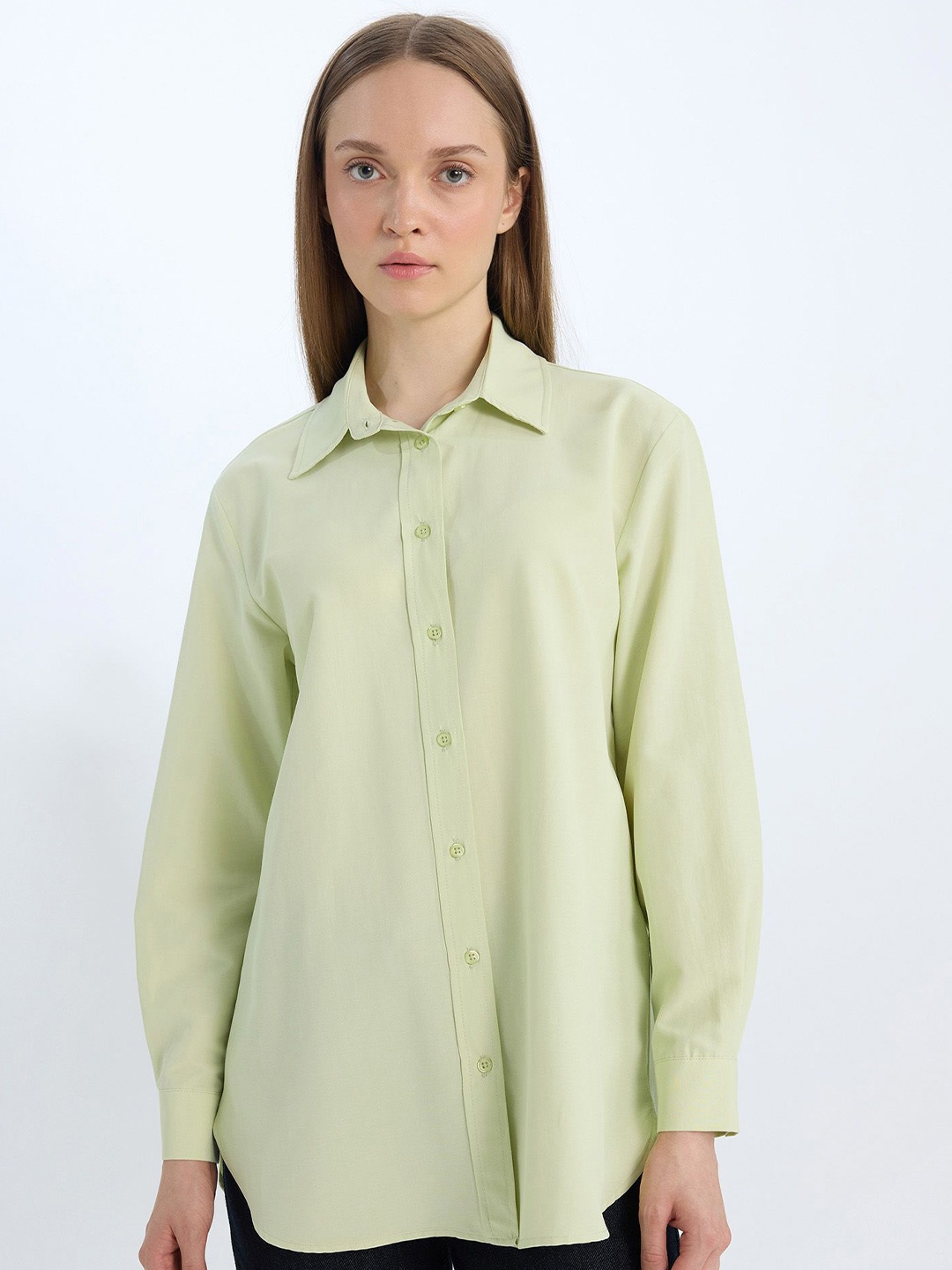

DeFacto Women Cotton Solid Spread Collar Shirt, Green
