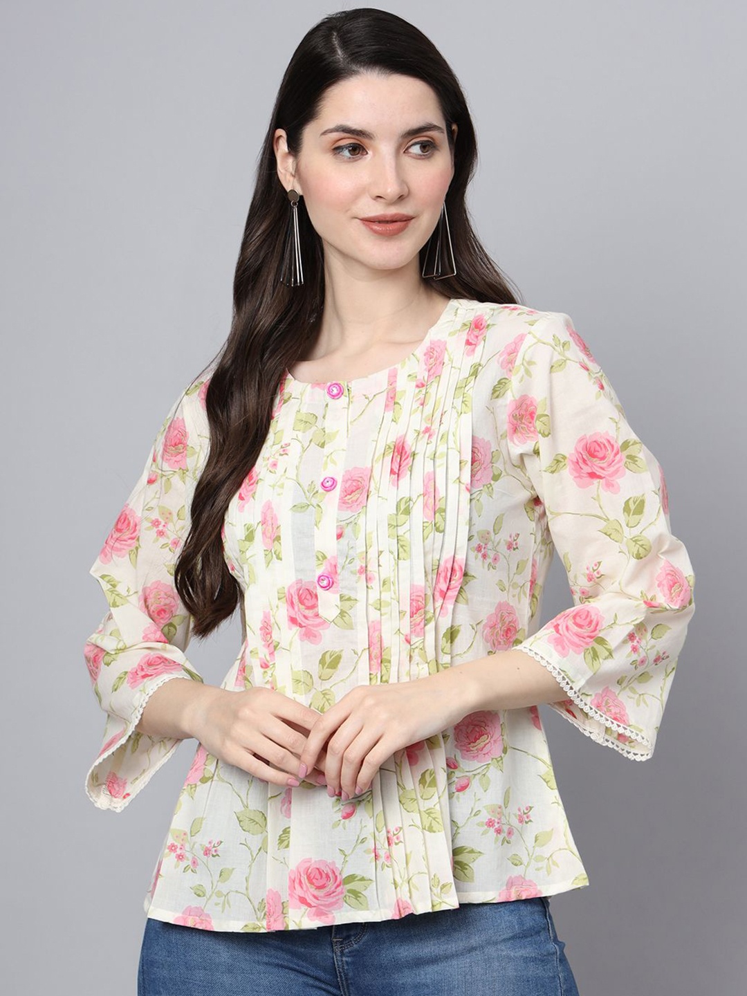 

JAPER KURTI Women Comfort Fit Floral Printed Cotton Casual Shirt, Off white