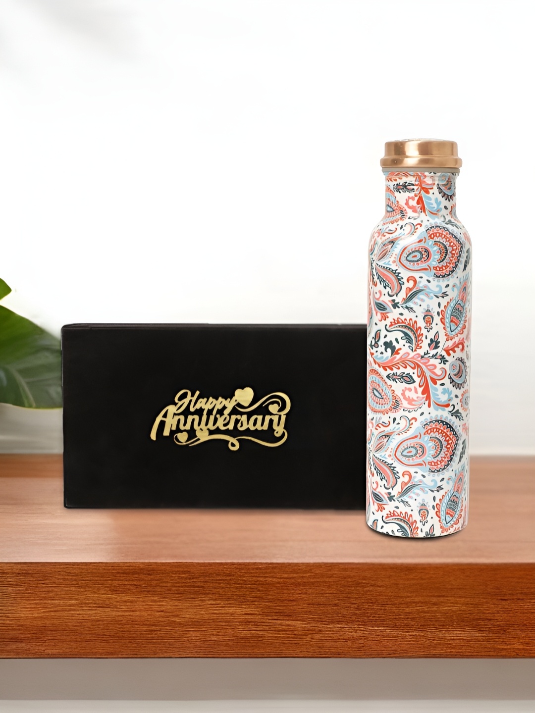 

INTERNATIONAL GIFT White Printed Pure Copper Water Bottle With Velvet Box & Bag - 950ml