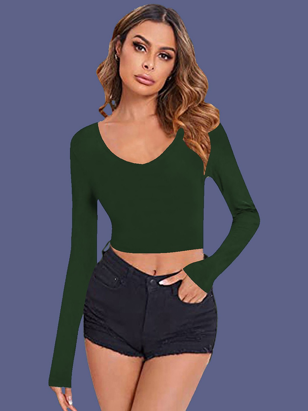 

Dream Beauty Fashion Women V-Neck Fitted Crop Top, Green