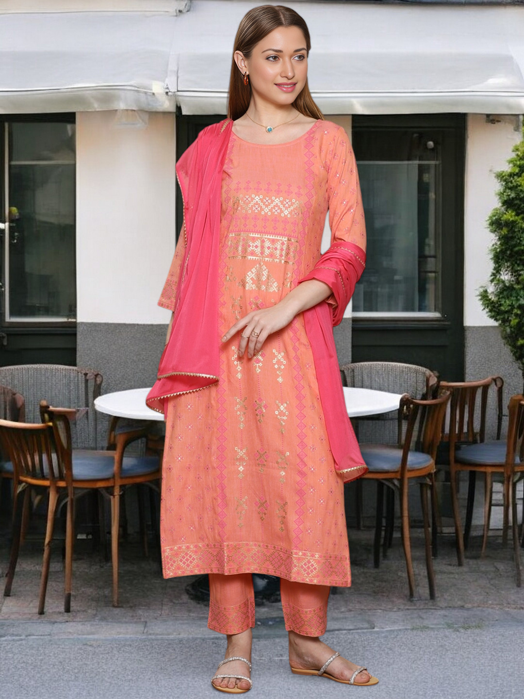 

True Shape Ethnic Motifs Printed Round Neck Cotton Straight Kurta With Trouser & Dupatta, Coral