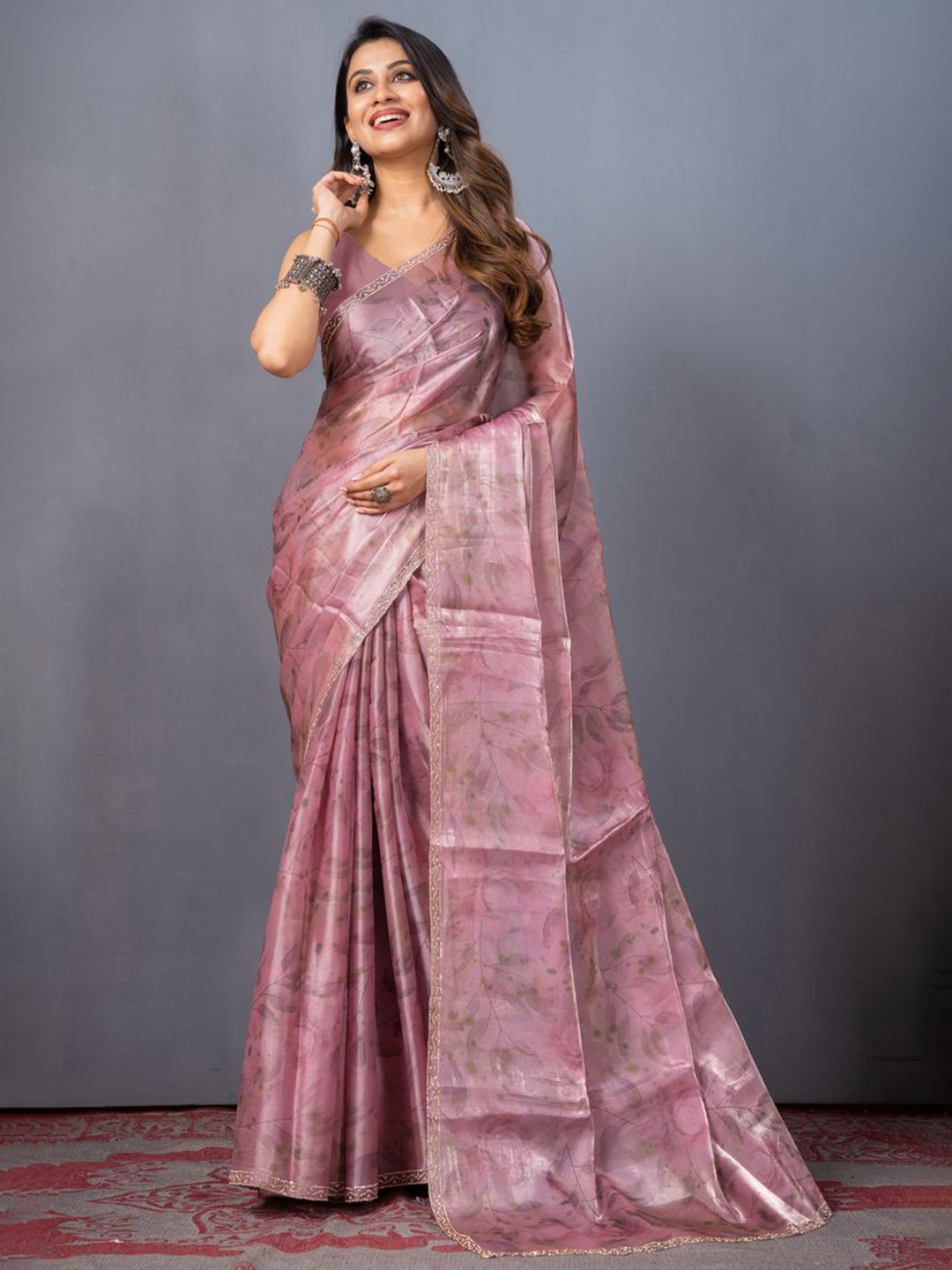 

KAJREE Floral Beads and Stones Organza Saree, Pink