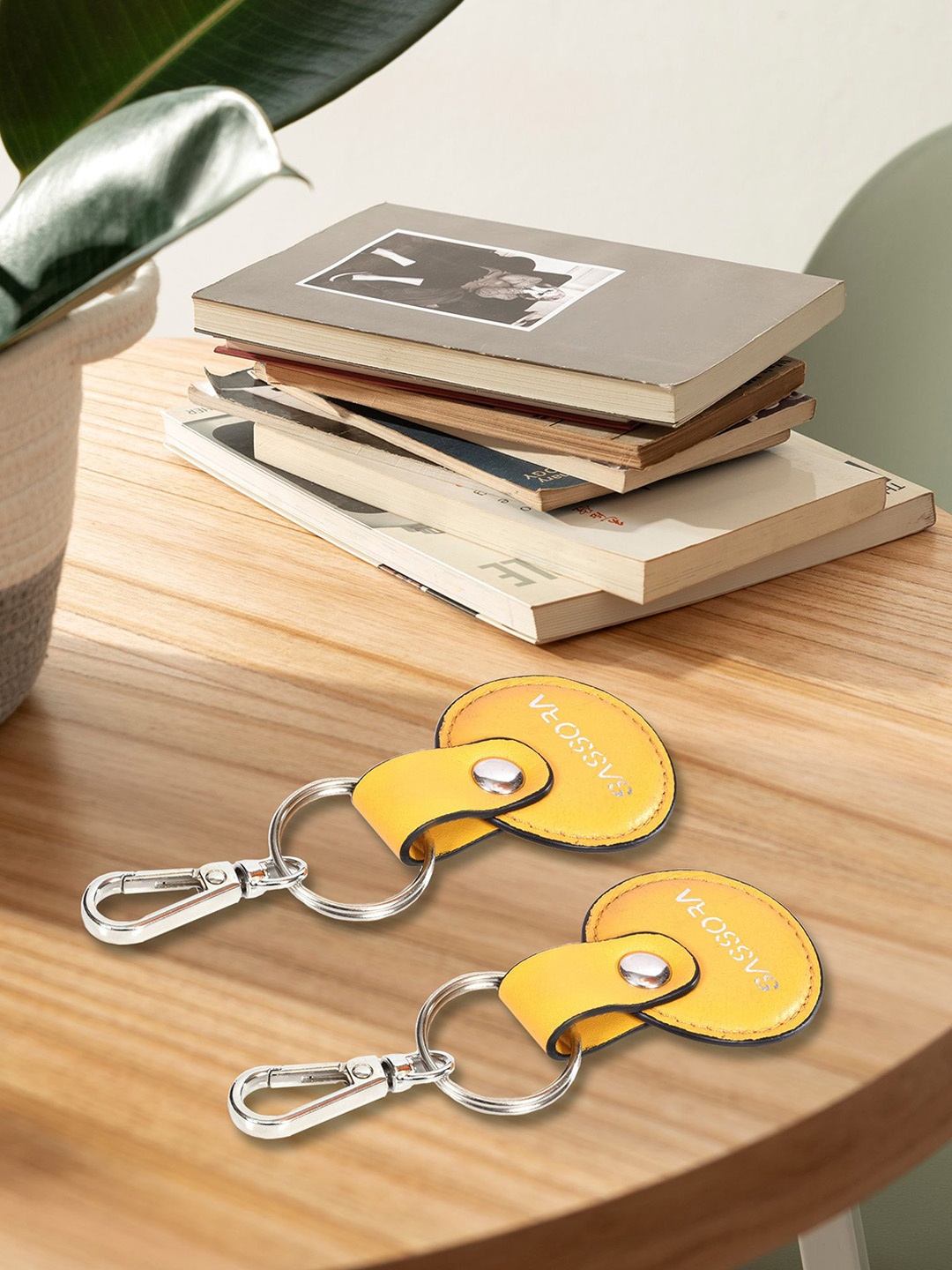 

Sassora Set Of 2 Printed Round Shape Genuine Leather Key Chains, Yellow