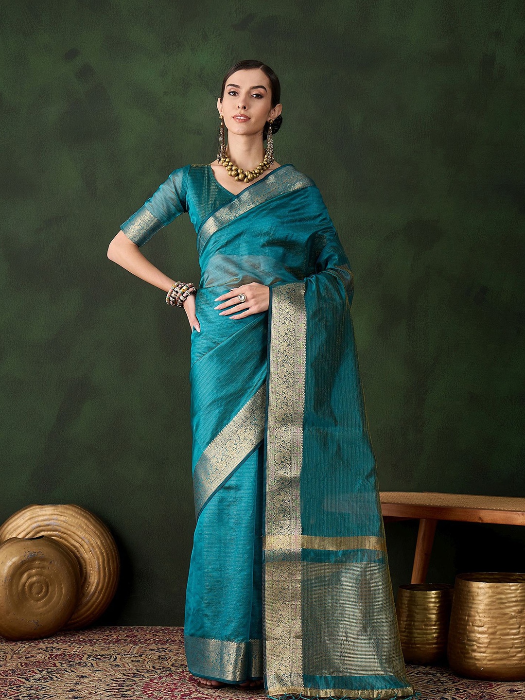 

HERE&NOW Zari Organza Saree, Teal