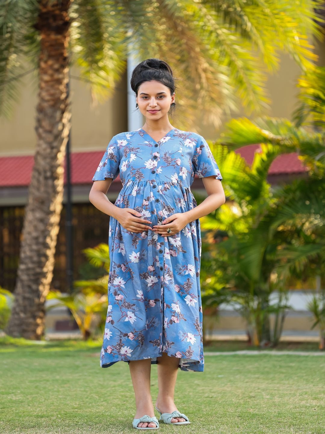 

SWEET MOON Floral Printed Maternity Fit and Flare Midi Dress, Blue