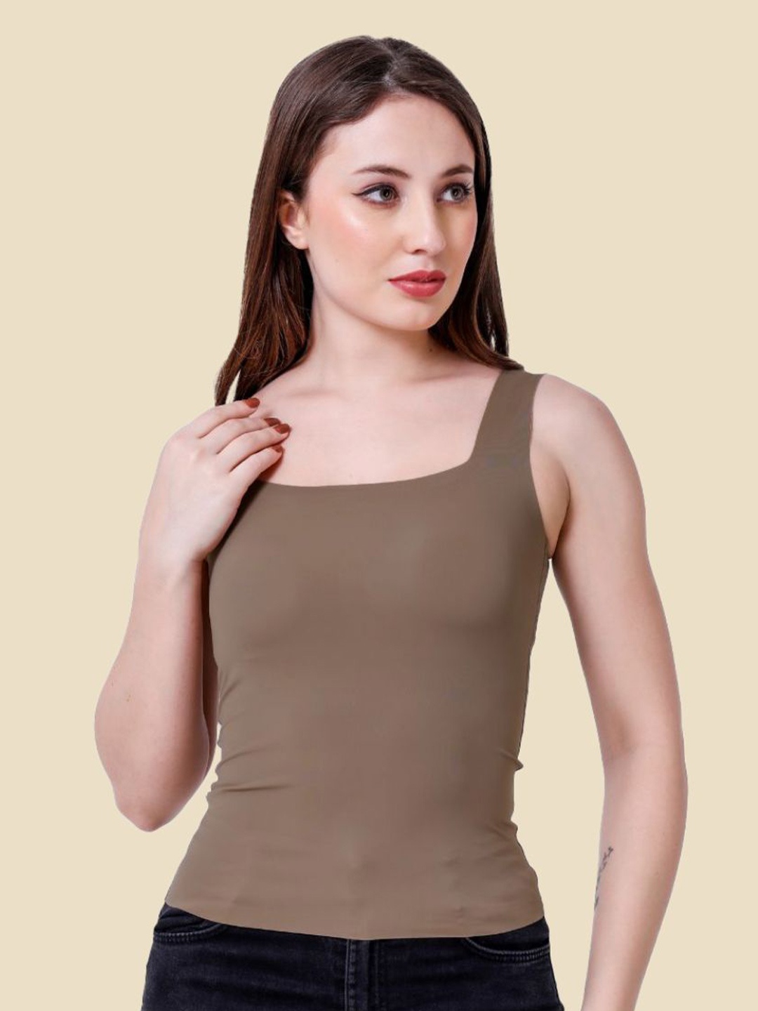 

Sizi Women Square Neck Fitted Top, Brown
