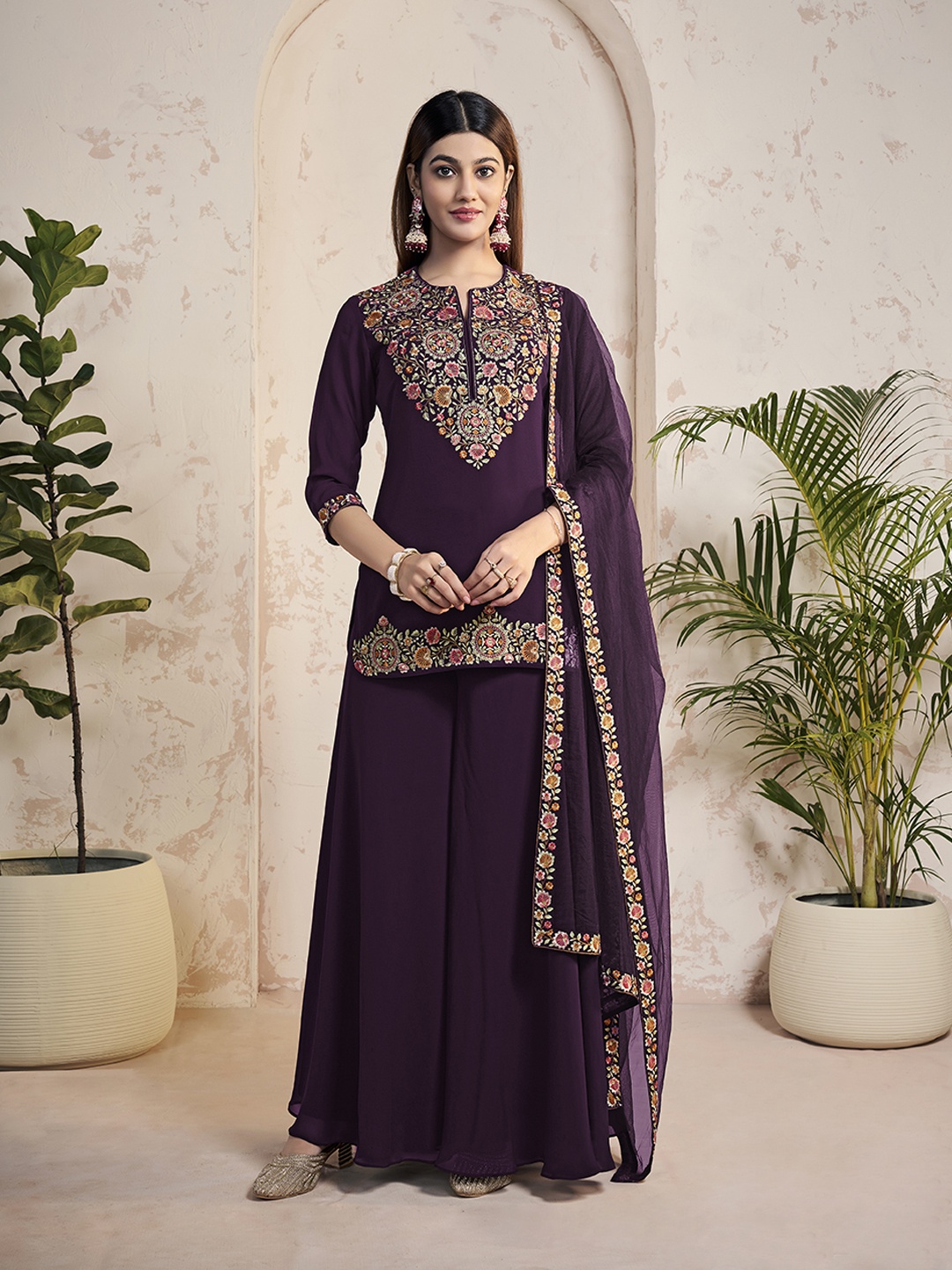 

Inddus Ethnic Motifs Embroidered Thread Work Georgette Kurta With Sharara And Dupatta, Purple