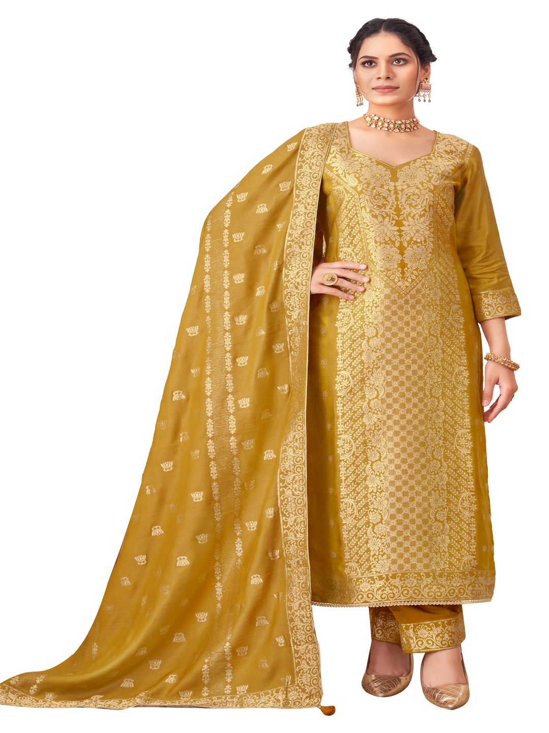 

DRAVINAM Trends Floral Embellished Pashmina Unstitched Dress Material, Yellow