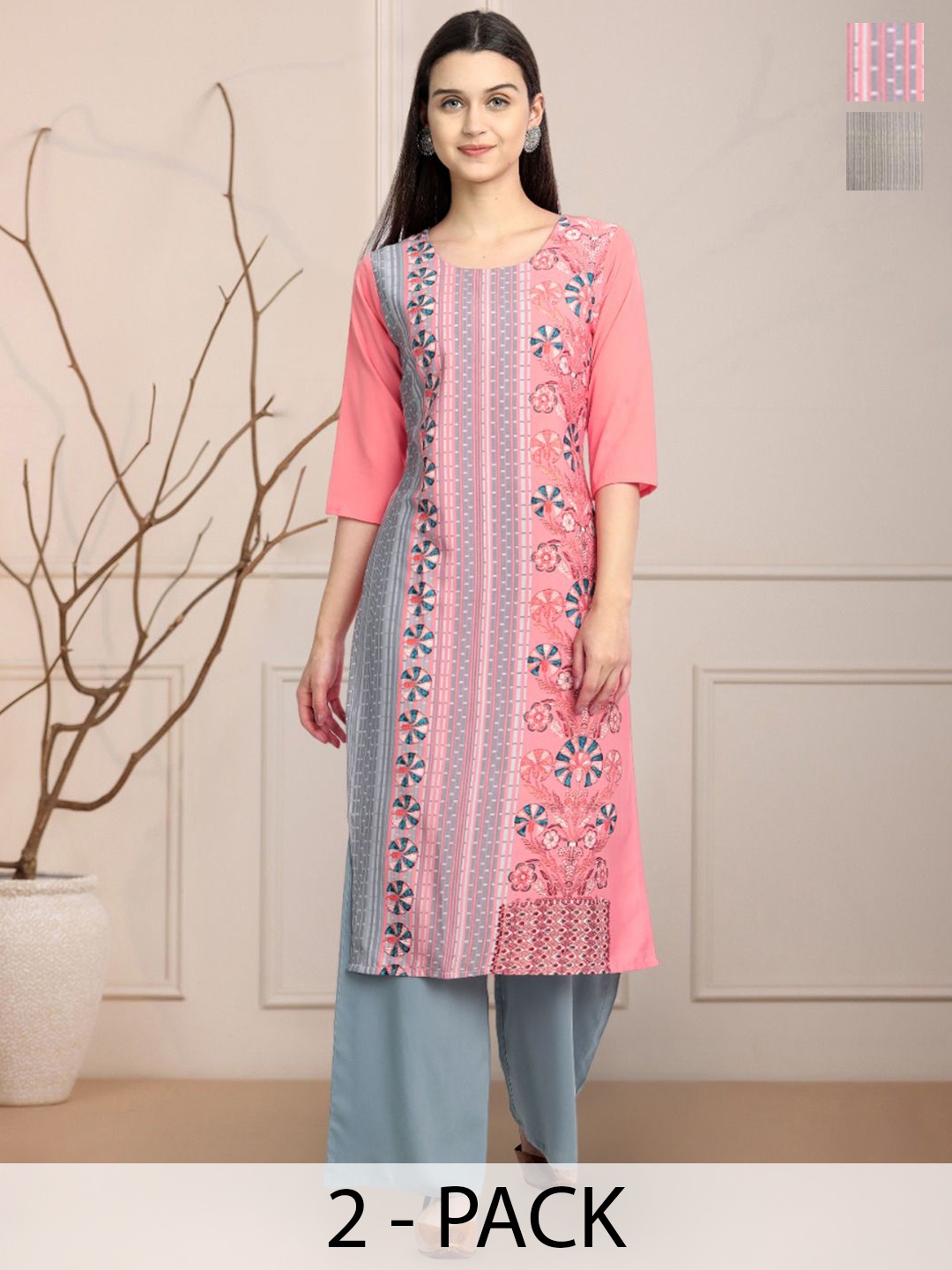 

Moda Rapido Pink & Grey Selection Of 2 Floral Printed Round Neck Straight Kurtas