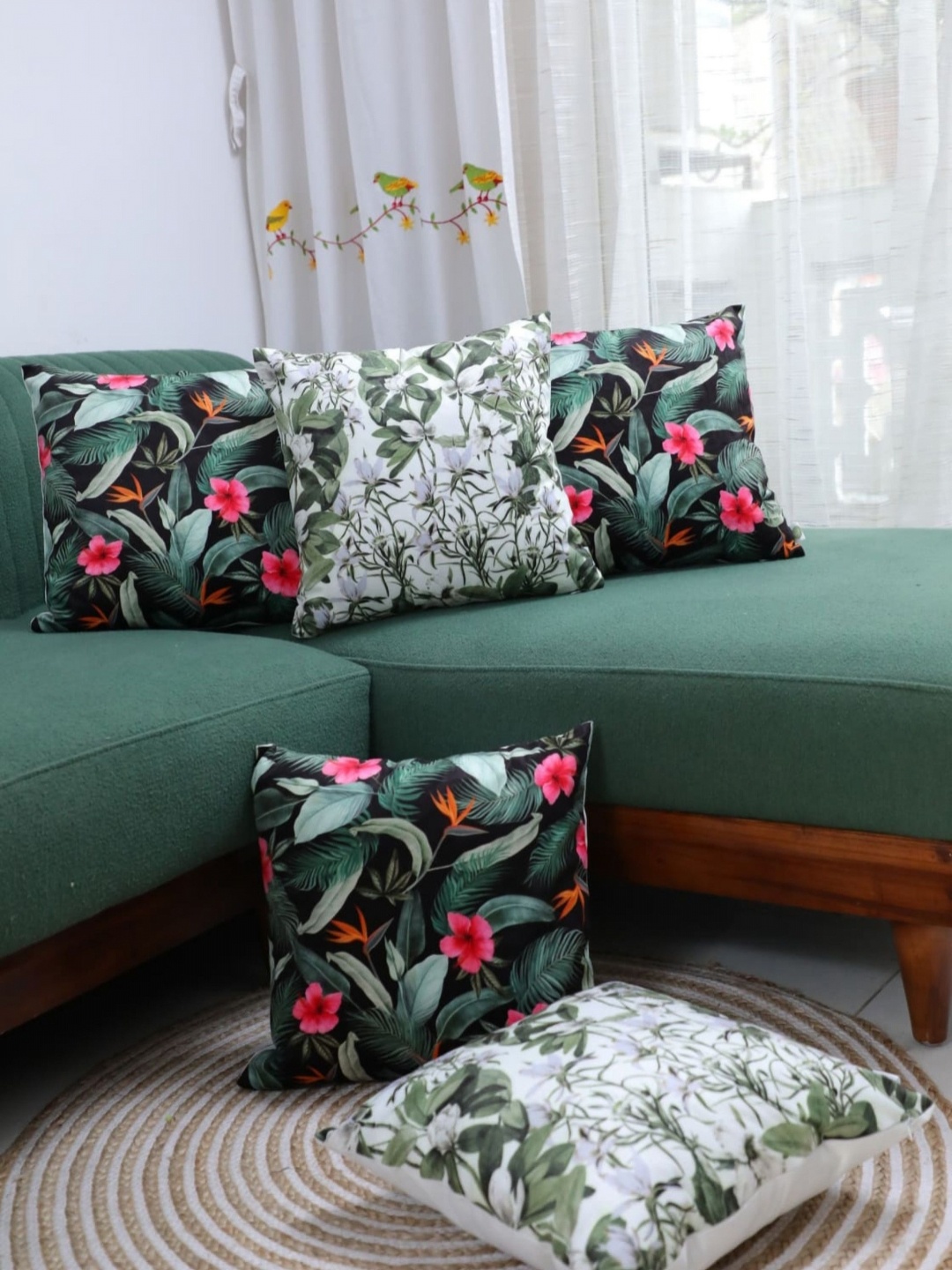 

LUSHLYF White & Green 5 Pieces Floral Velvet Square Cushion Covers
