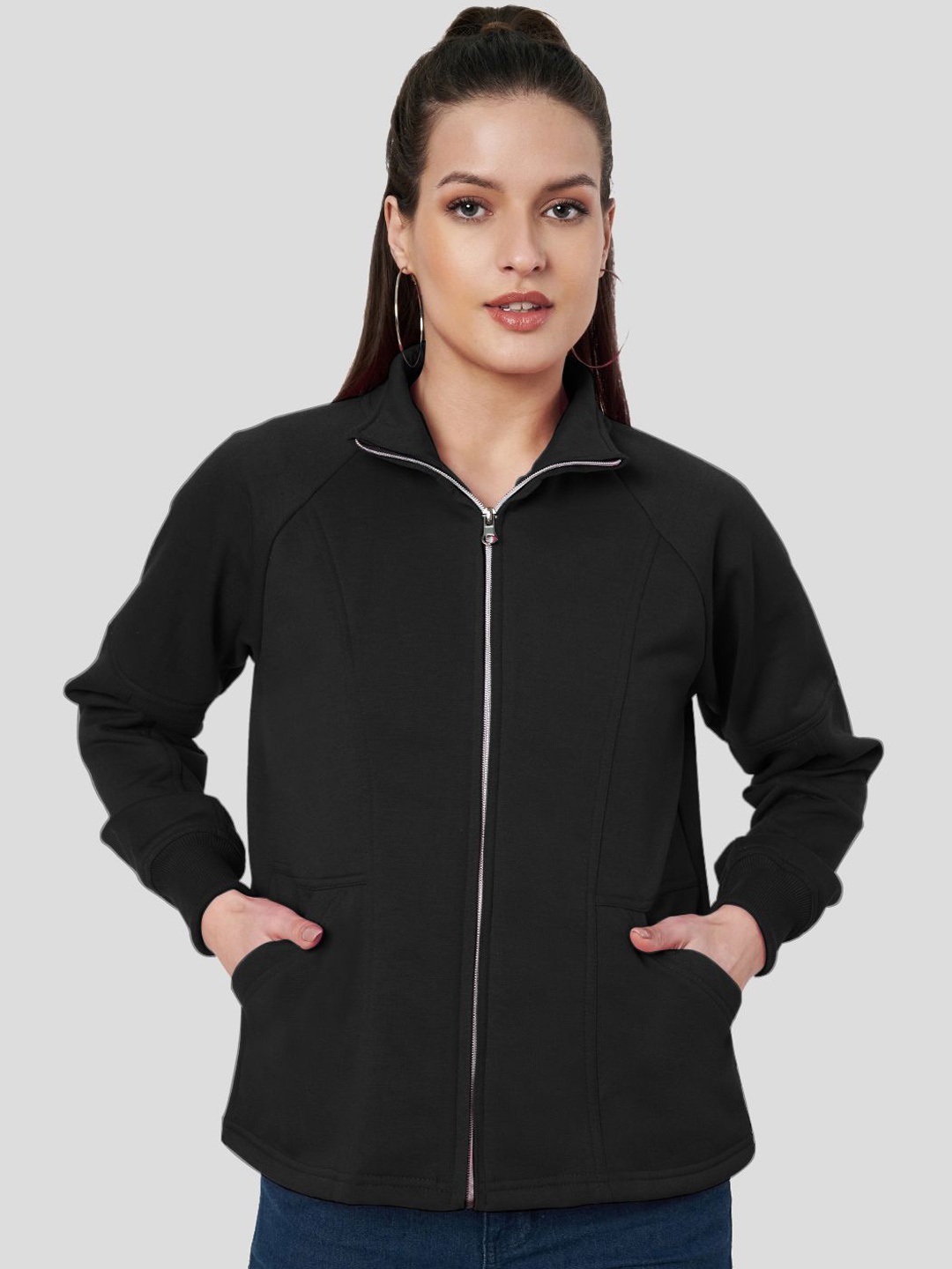 

BRINNS Women Mock Collar Solid Fleece Casual Bomber Jacket, Black