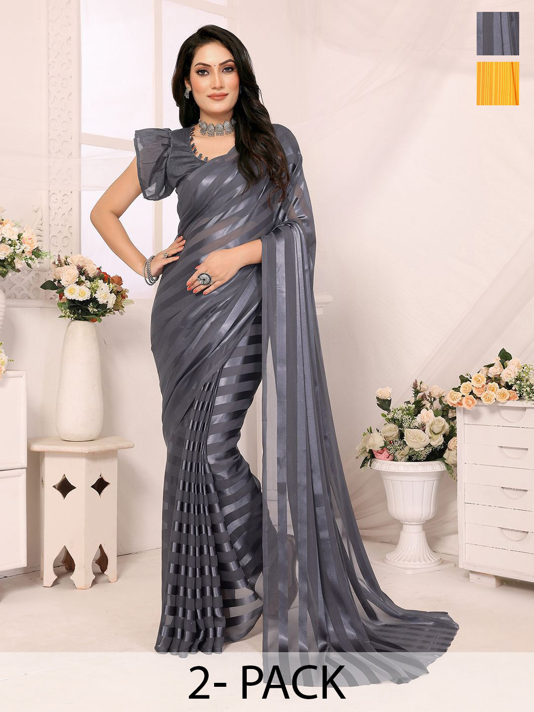 

Moda Rapido Set of 2 Striped Sarees, Grey
