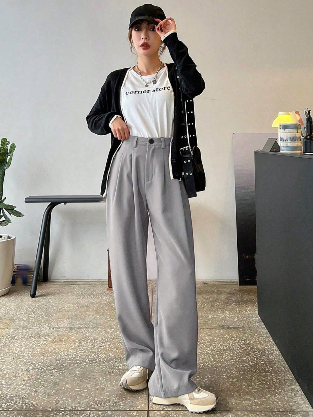 

FNOCKS Women Relaxed Loose Fit High-Rise Wide-Leg Pants, Grey