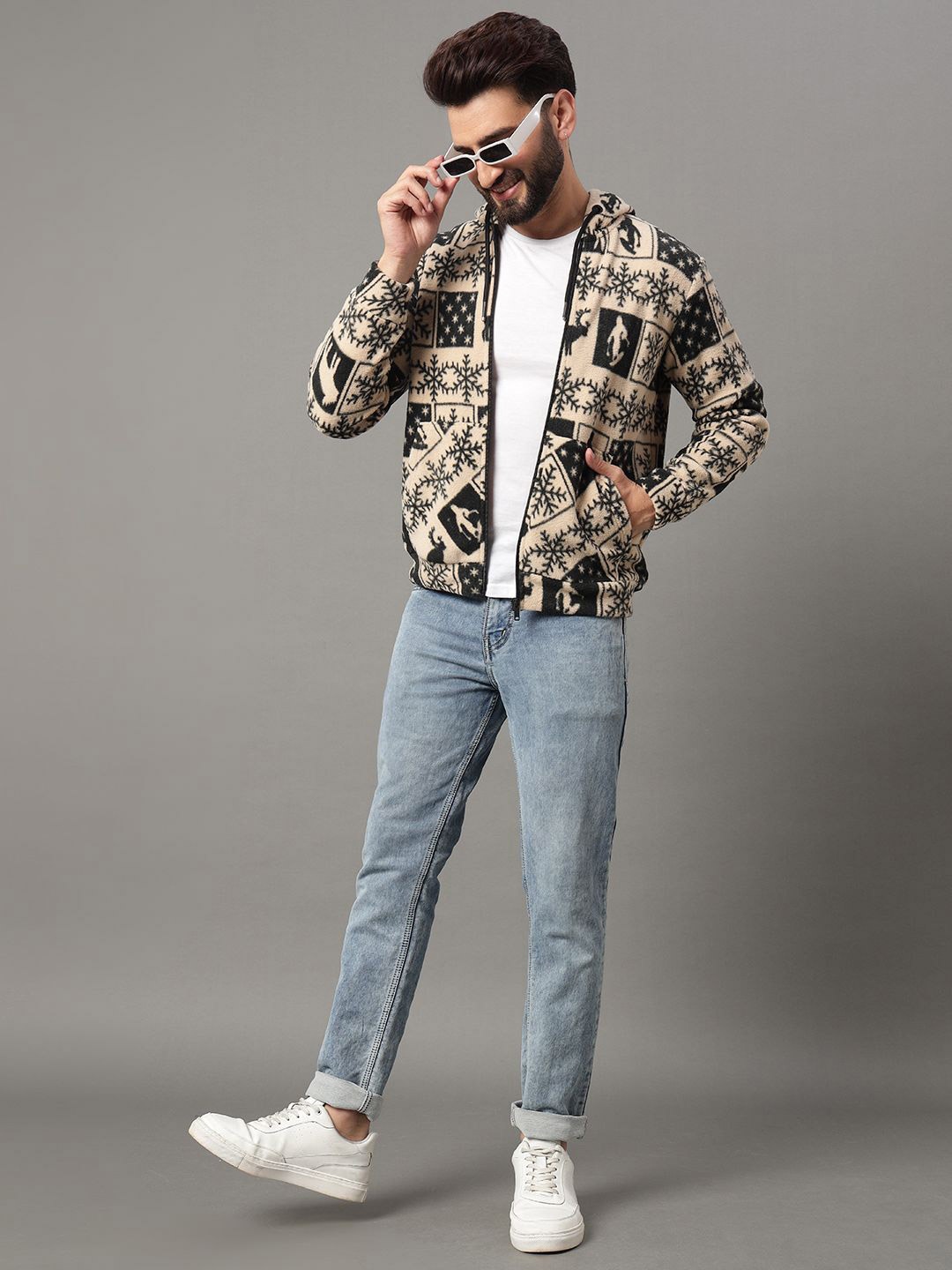 

OGEN Men Printed Hooded Sweatshirt, Beige