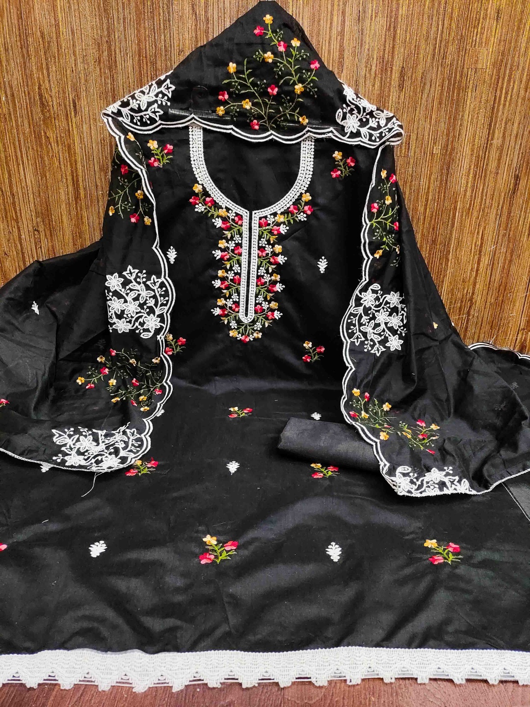 

KIMISHA Floral Embroidered Unstitched Dress Material, Black