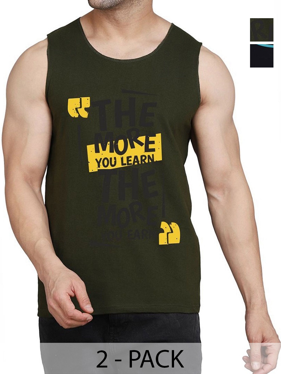 

WOOSTRO Men Pack Of 2 Typography Printed Round Neck Cotton Slim Fit T-shirts, Olive
