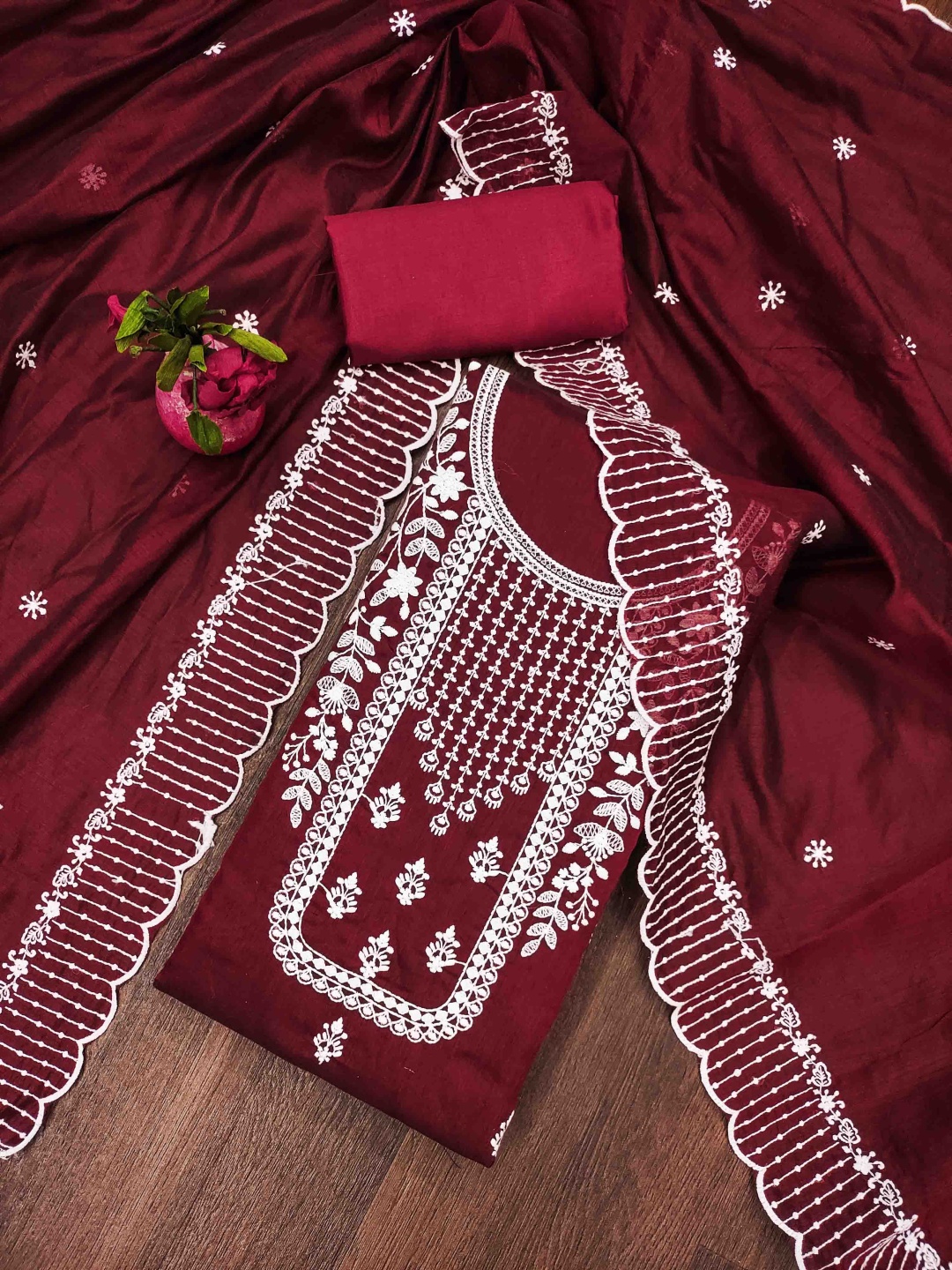 

Blissta Floral Embroidered Chanderi Cotton Unstitched Dress Material, Maroon