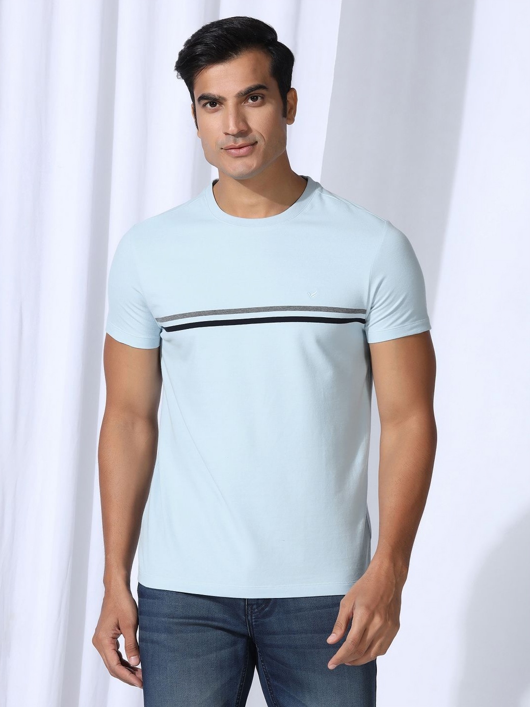 

Blackberrys Men Striped Round Neck Cotton Slim Fit T-shirt, Blue