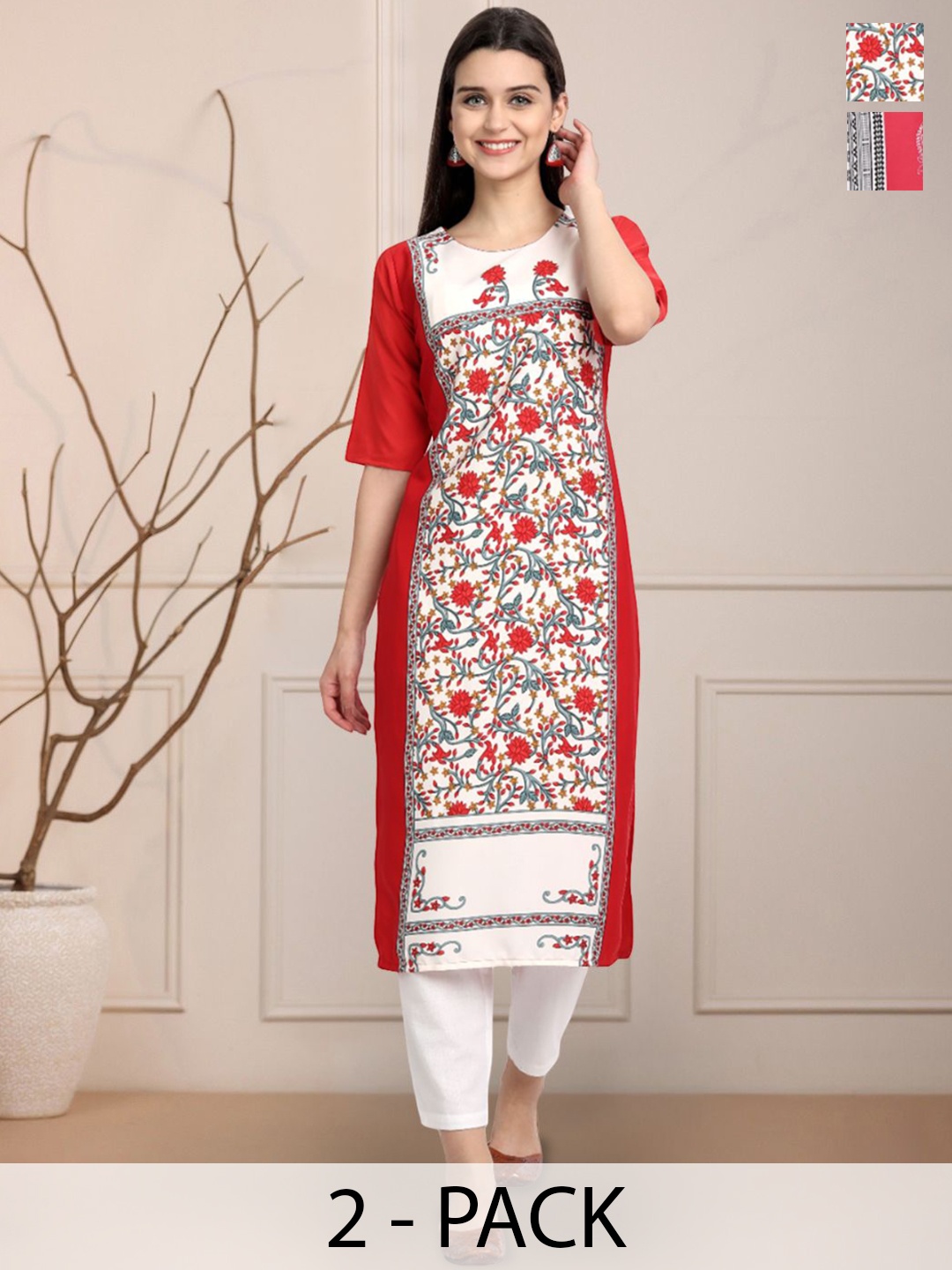 

Moda Rapido White & Red Selection Of 2 Floral Printed Round Neck Straight Kurtas