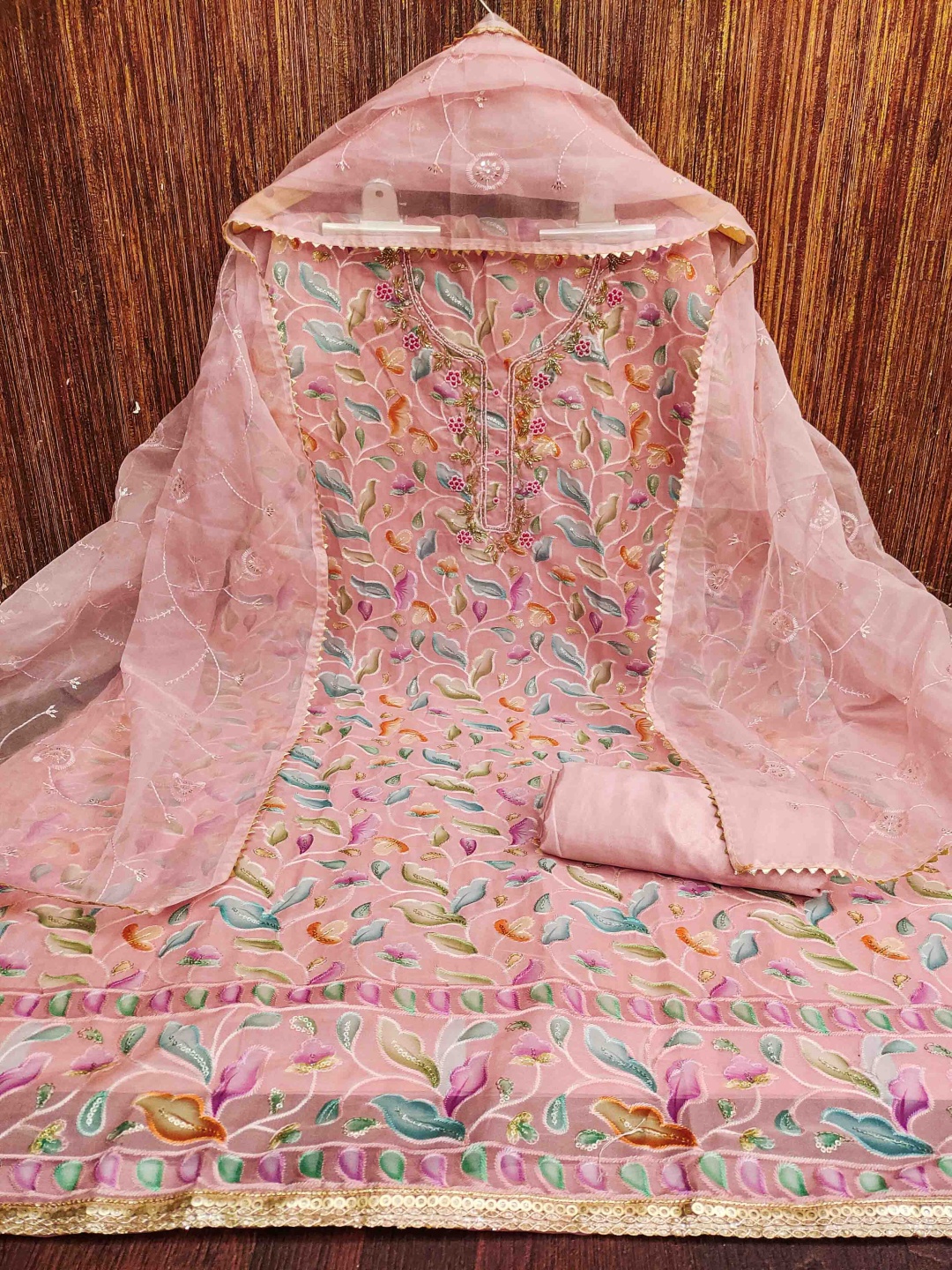 

Blissta Floral Embroidered Sequinned Work Organza Unstitched Dress Material, Peach