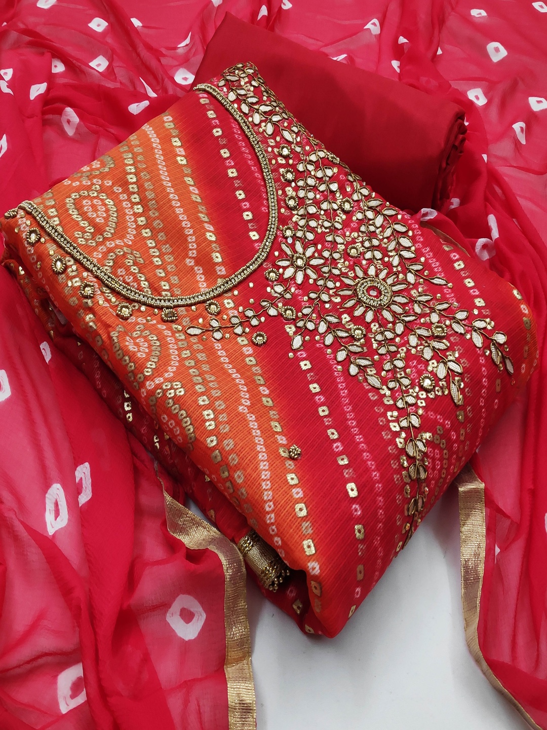 

HERE&NOW Bandhani Printed Beads And Stones Unstitched Dress Material, Red