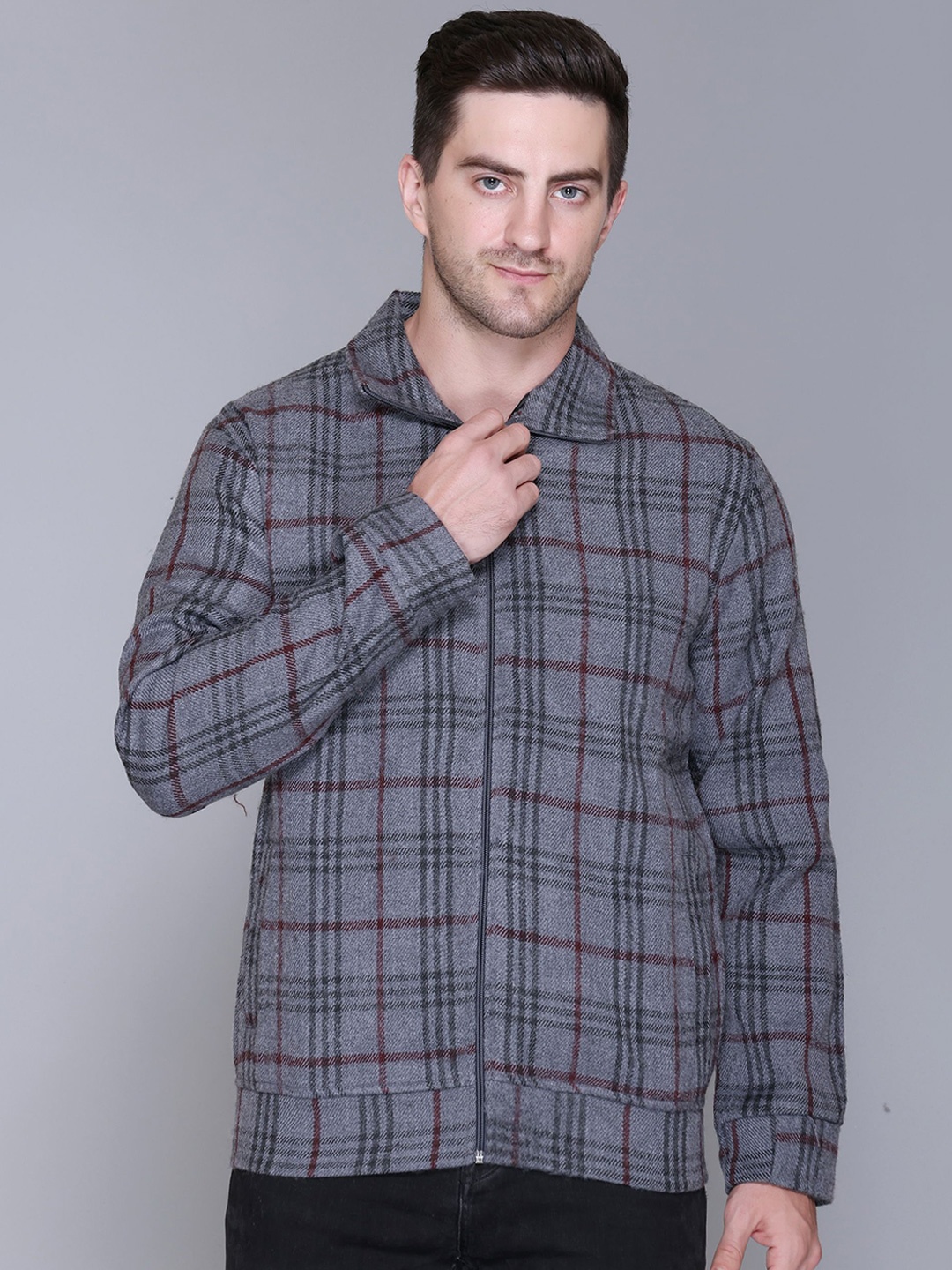 

PYRO SPIRIT Men Checked Shirt Collar Cotton Sweatshirt, Navy blue
