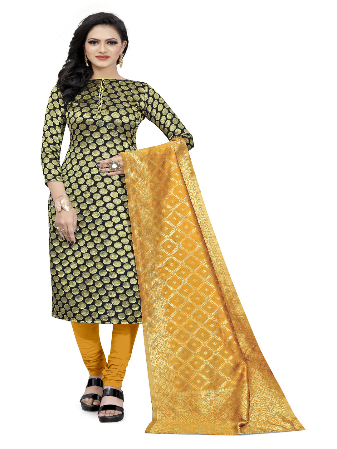 

HERE&NOW Floral Printed Silk Blend Unstitched Dress Material, Black