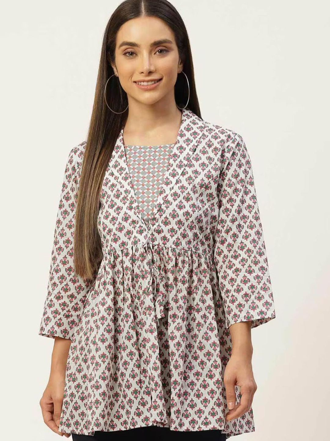 

Rangun Women Floral Printed Longline A-Line Top, White