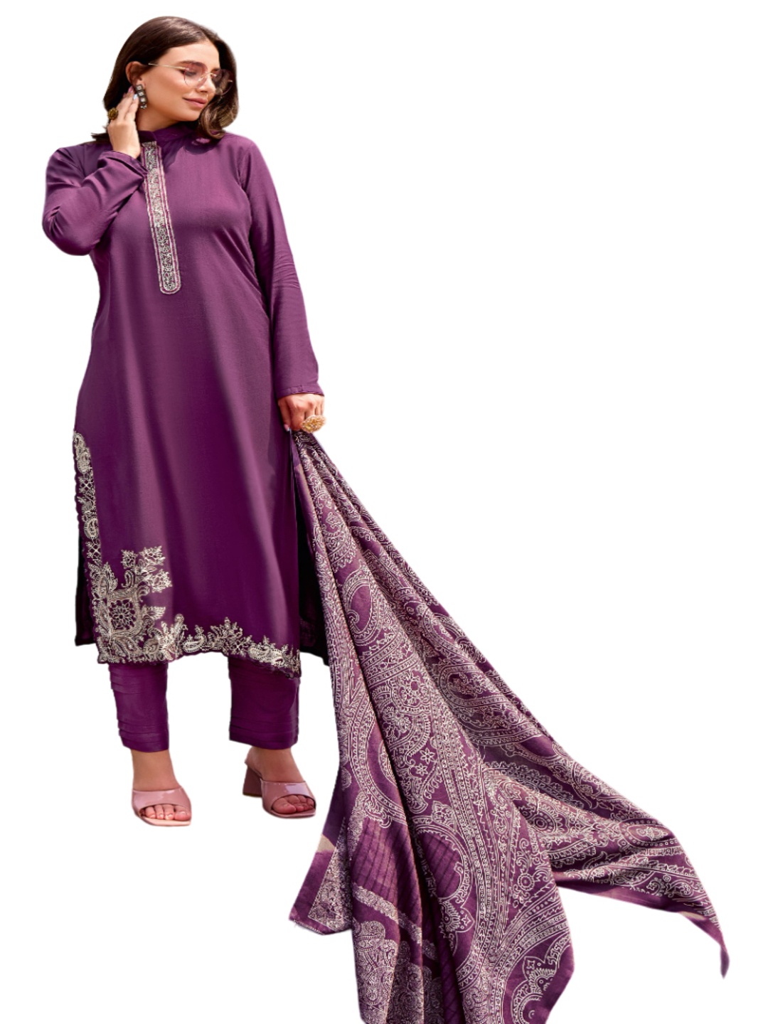 

DRAVINAM Trends Floral Embroidered Thread Work Pashmina Unstitched Dress Material, Purple