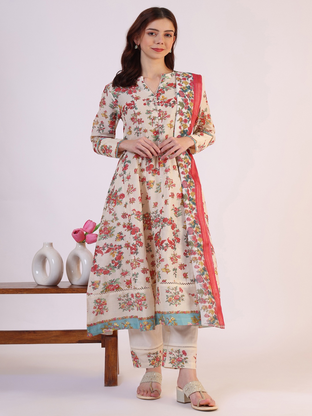 

W White Floral Printed Pure Cotton Mandarin Collar A-line Kurta With Trousers And Dupatta