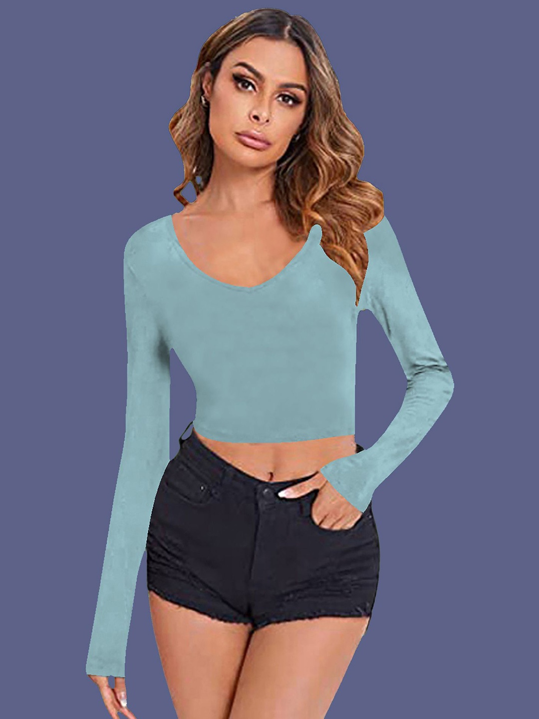 

Dream Beauty Fashion Women V-Neck Fitted Crop Top, Teal