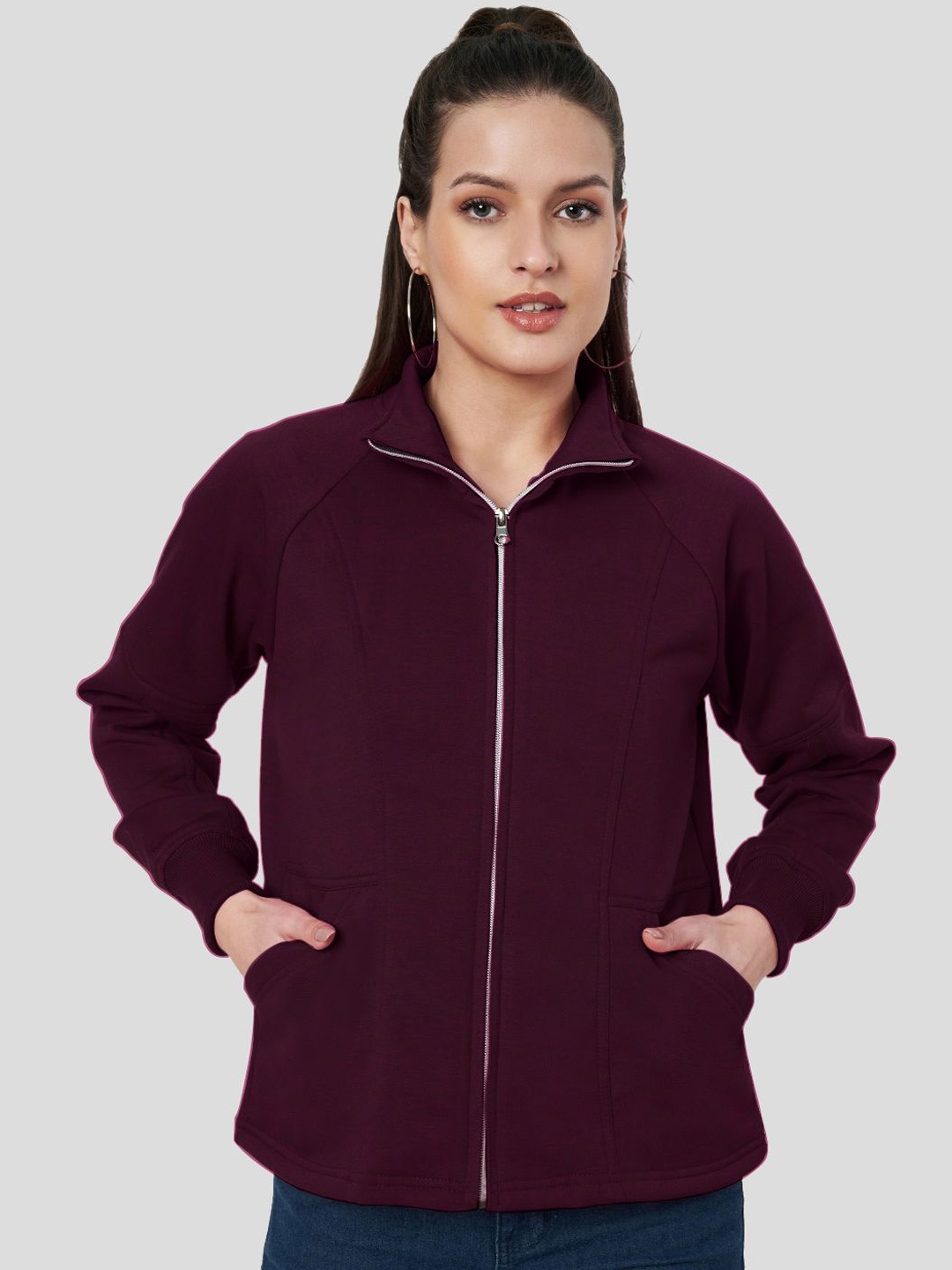 

BRINNS Women Mock Collar Solid Fleece Casual Bomber Jacket, Burgundy