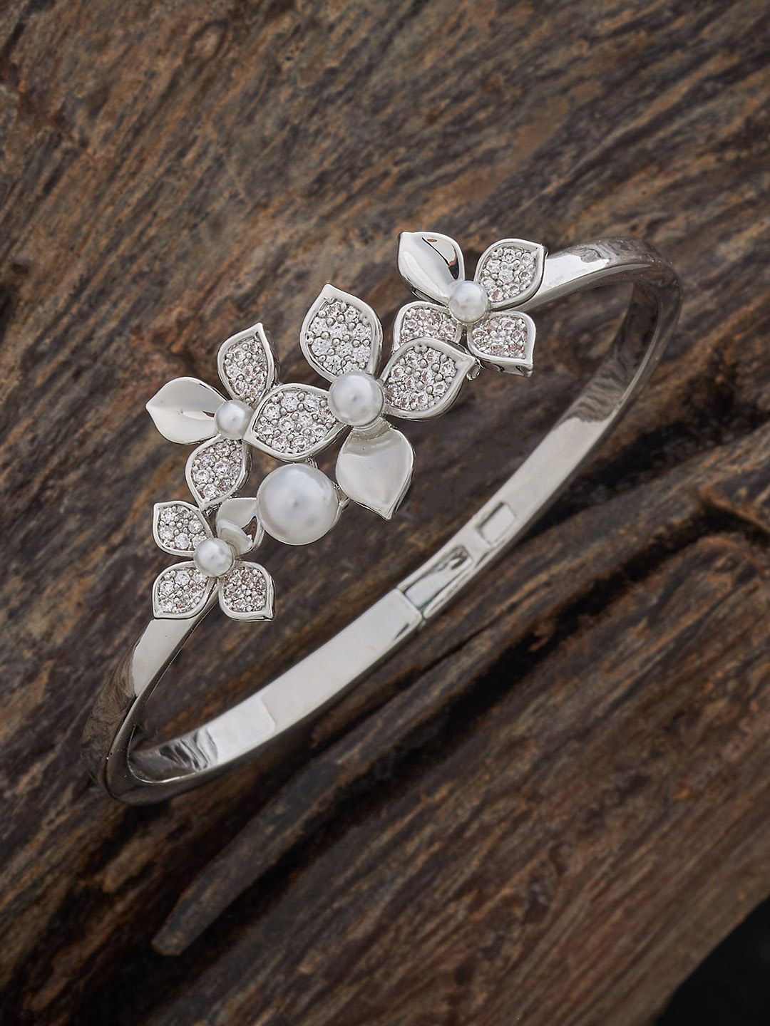

Kushal's Fashion Jewellery Rhodium-Plated Zircon-Studded Kada Style Bracelet, Silver